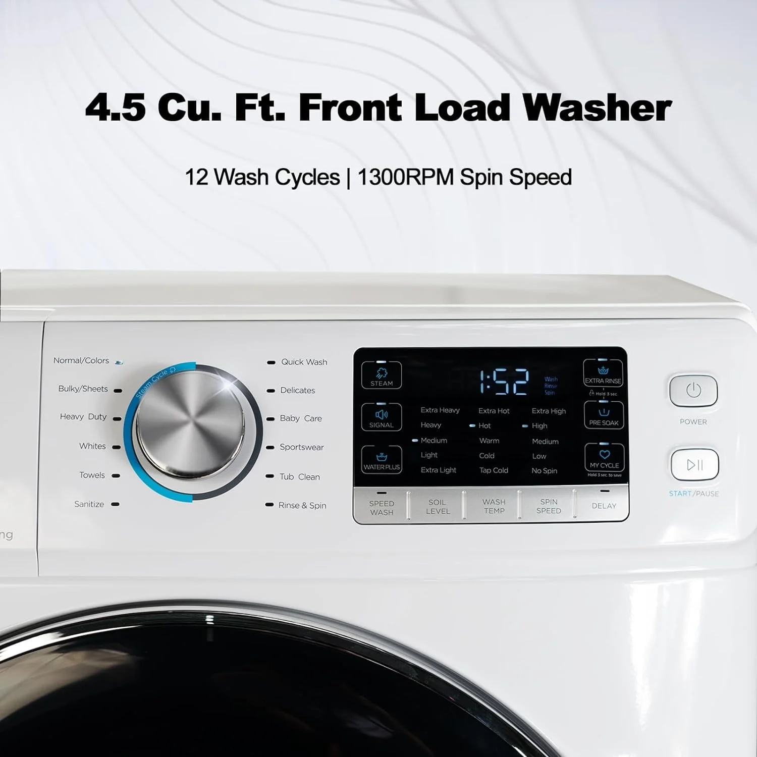 Smad 27 in 120V 4.5 Cu ft Front Load Quick Washing Machine, Quiet Inverter Motor, Steam and Water Plus Functions