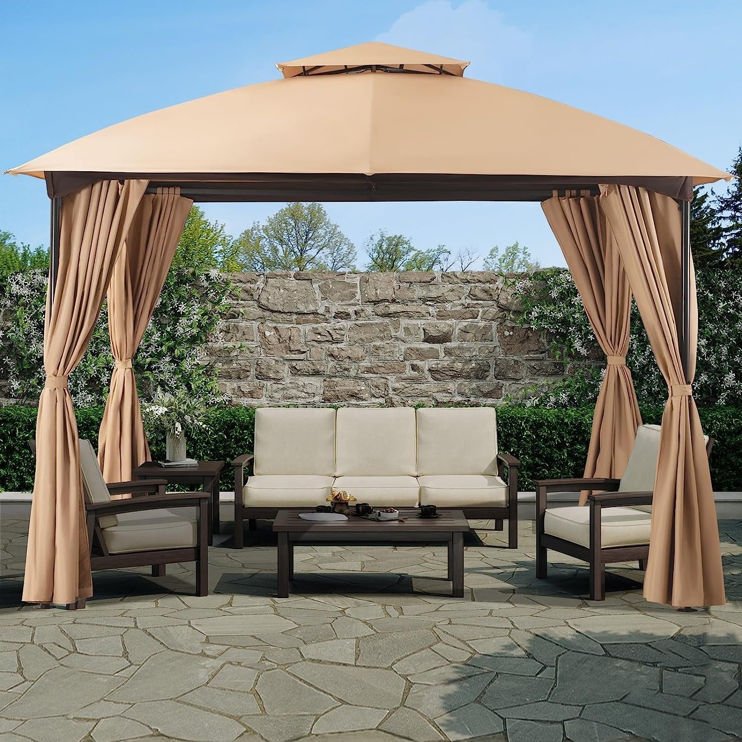LAUSAINT HOME 10'x10' Outdoor Gazebo, Unique Arc Roof Design and Privacy Curtains Included, Khaki