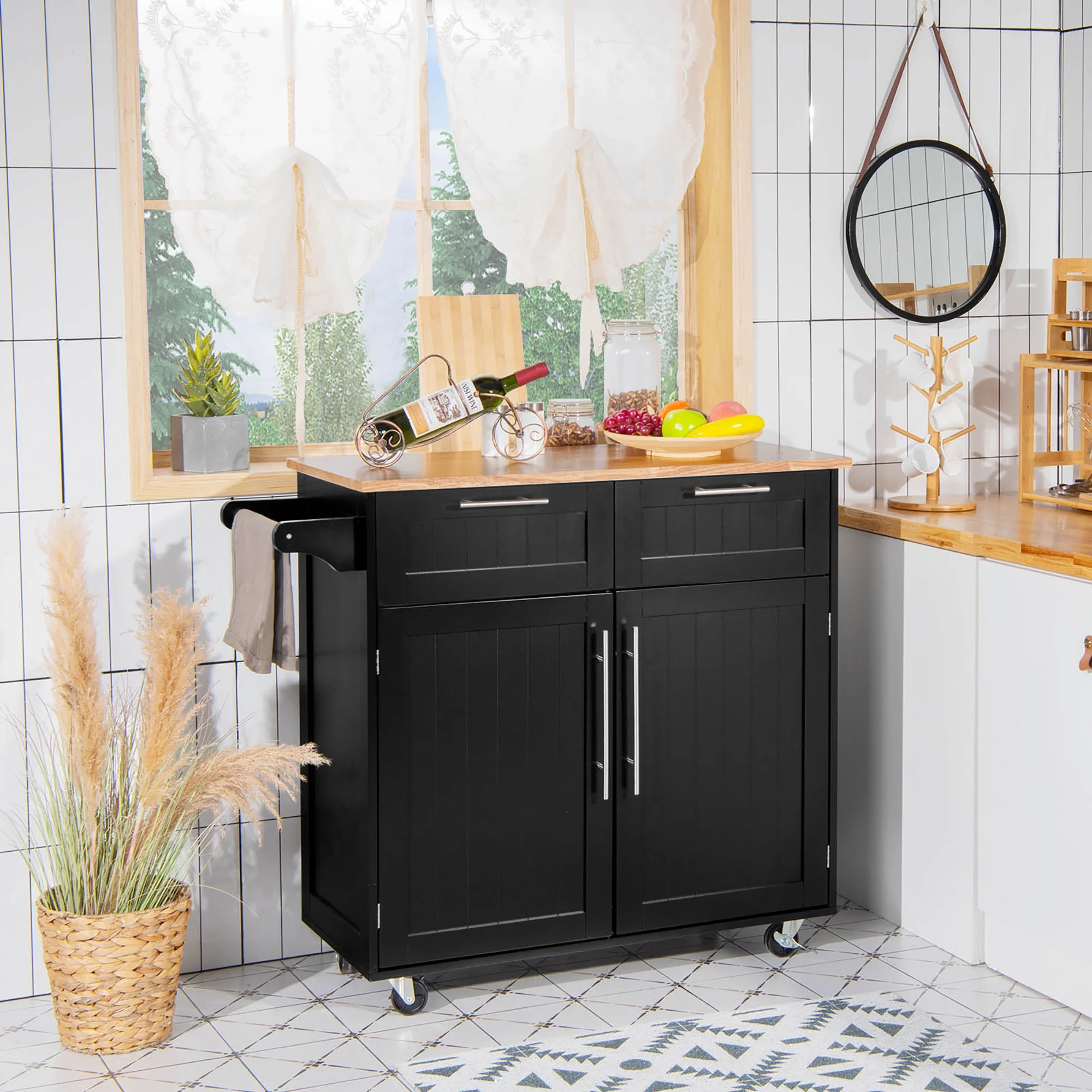 Costway Rolling Kitchen Cart Island Heavy Duty Storage Trolley Cabinet Utility Black
