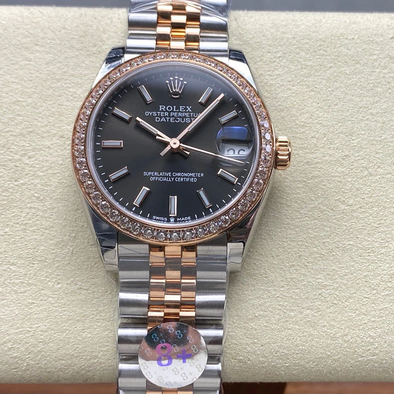 Rolex Watch Datejust 31mm Pink Gold Steel Diamond Bezel Dark Grey Dial