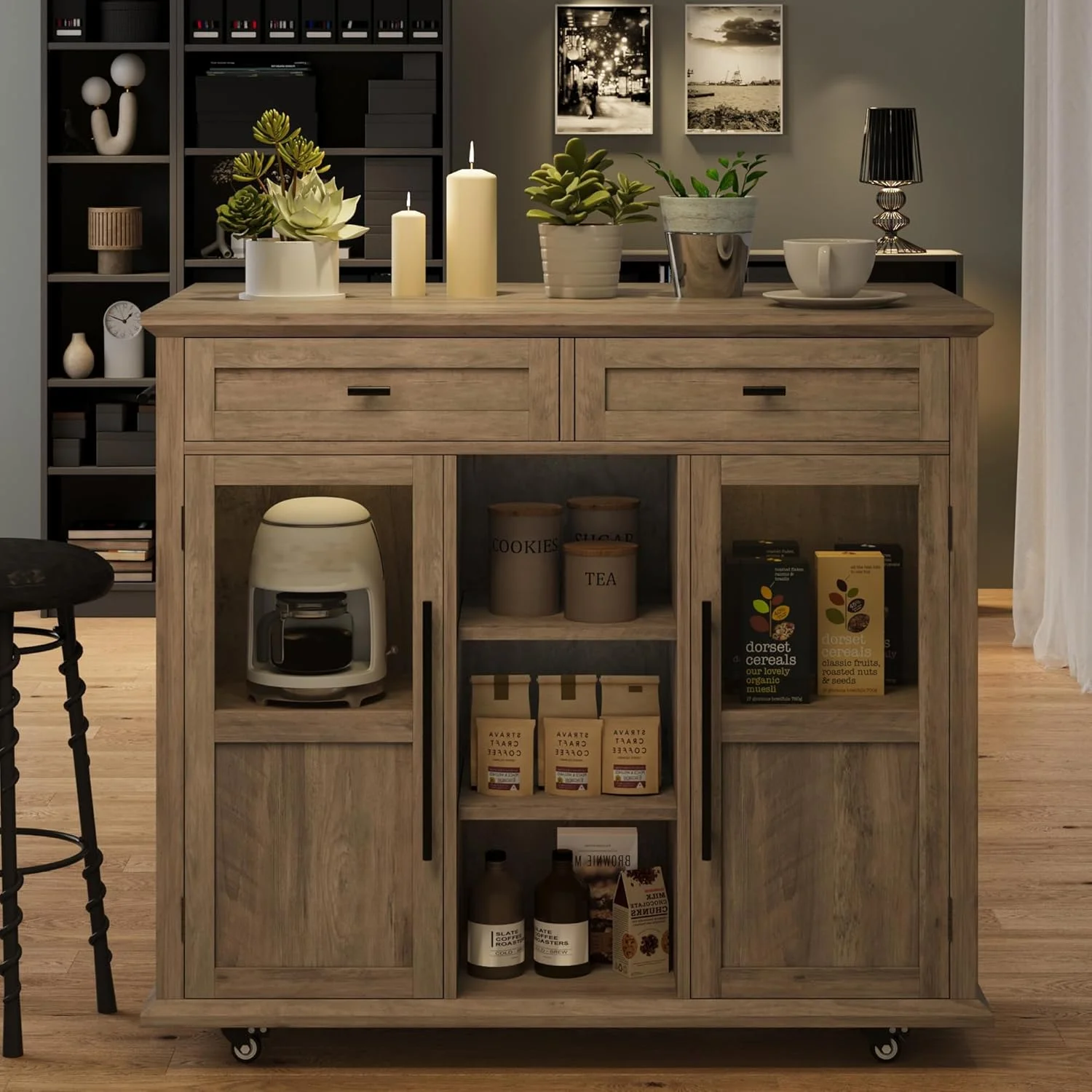 WALYWIK Foldable Kitchen Island Cart with Wheels, 2 Glass Doors, Spice Rack & Towel Holder C Compact Mobile Storage Cart for Small Kitchens, Dining Rooms, Camping & RVs - Grey