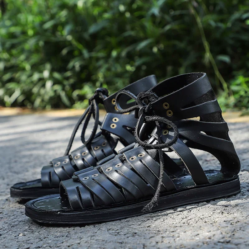 Men's handmade first-layer cowhide retro high-top sandals