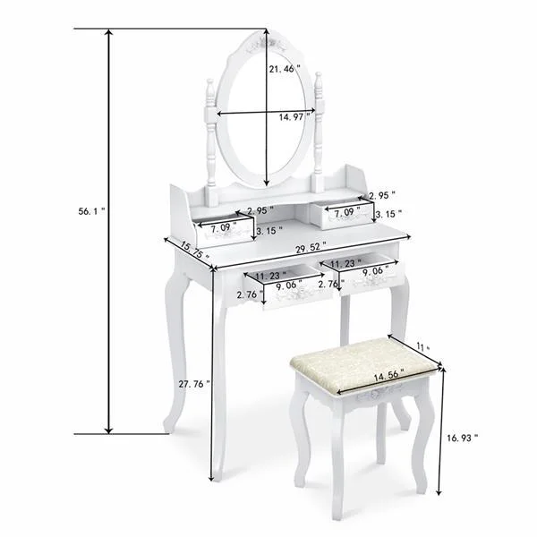 Alvantor Makeup Vanity Desk with Mirror, 4-Drawer Dressing Table with 360 Rotation Mirror & Stool, White