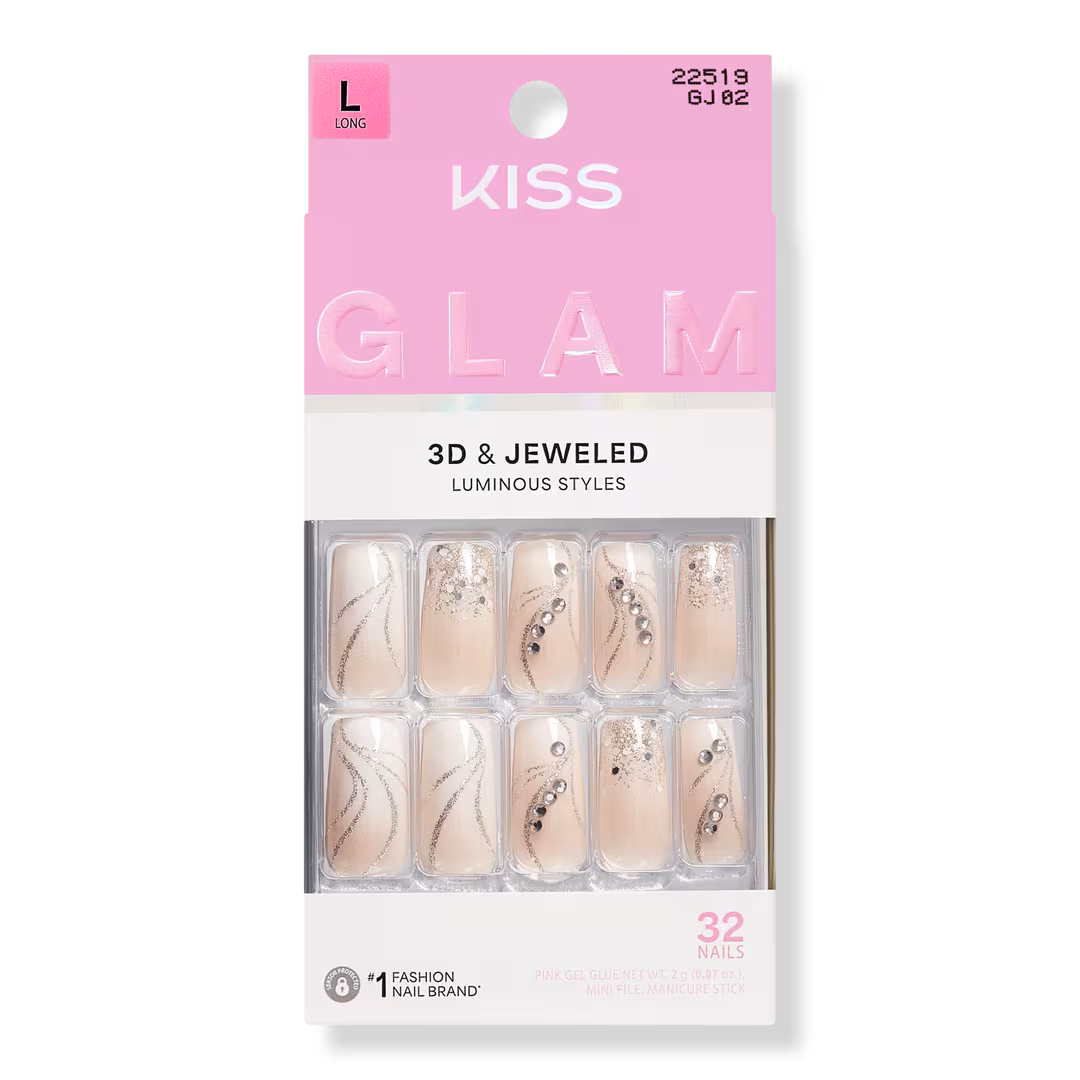 Kiss  Glam Jeweled Long Square Press On Nails, Wrapped in Beauty