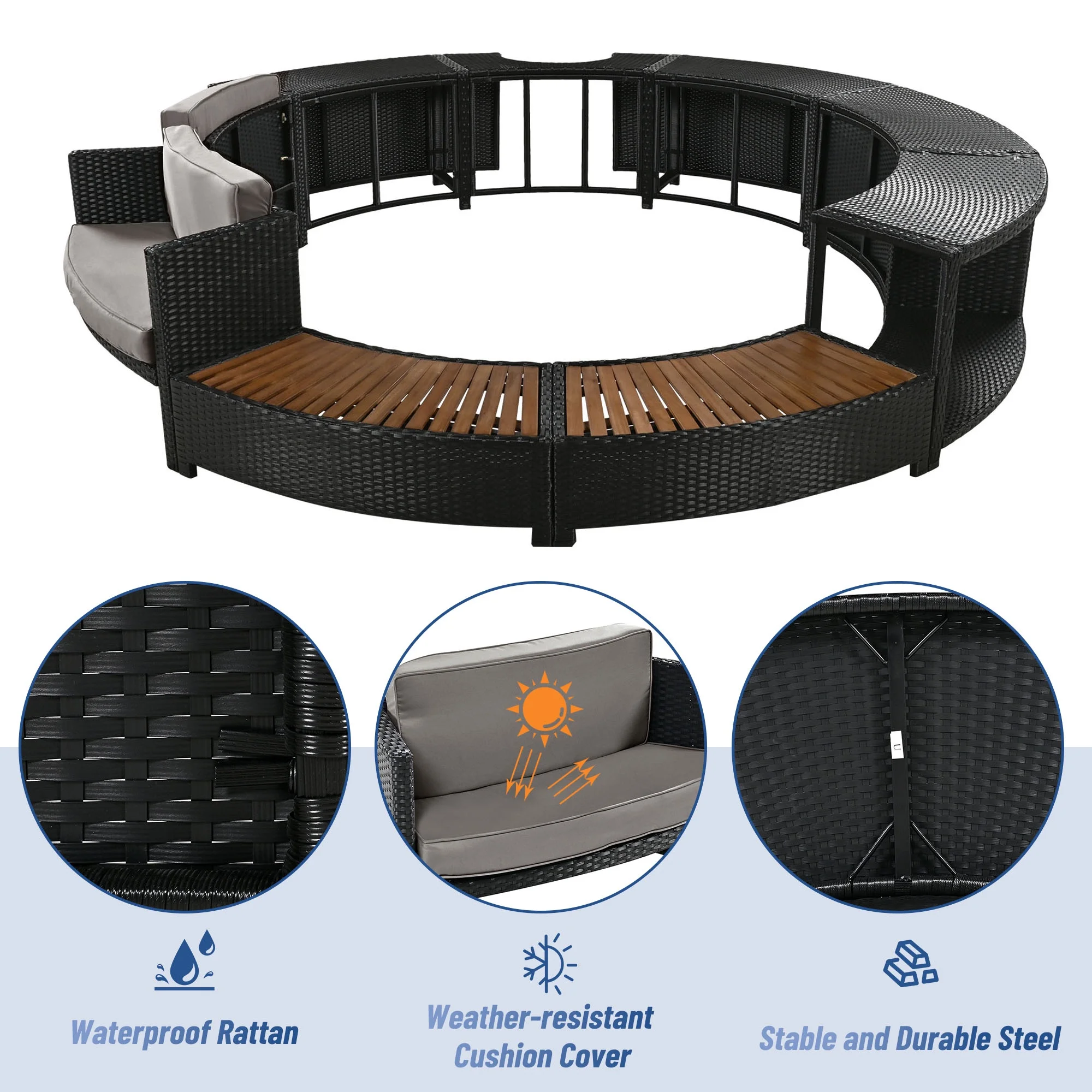 Round Hot Tub Surround Furniture, Spa Surround Outdoor Rattan Sectional Sofa Set with Mini Sofa, Solid Acacia Wood Hot Tub Storage Surround Patio Furniture Set, Gray Cushion