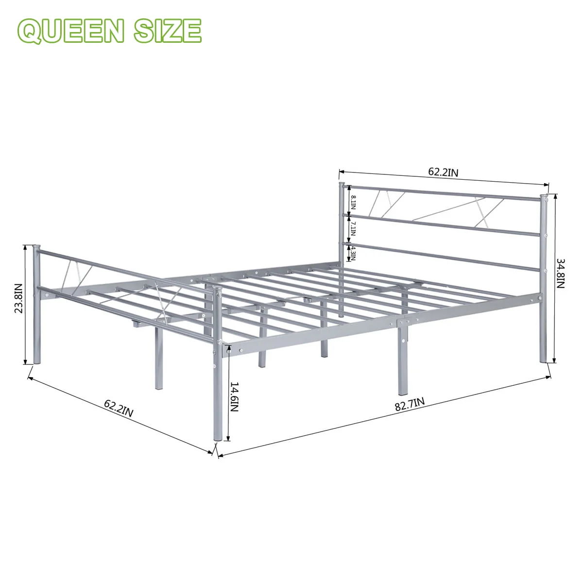 Geniqua Queen Size Bed Frame Steel Silver Foundation Classic Headboard Footboard Foundation Tool Free No Box Spring Needed