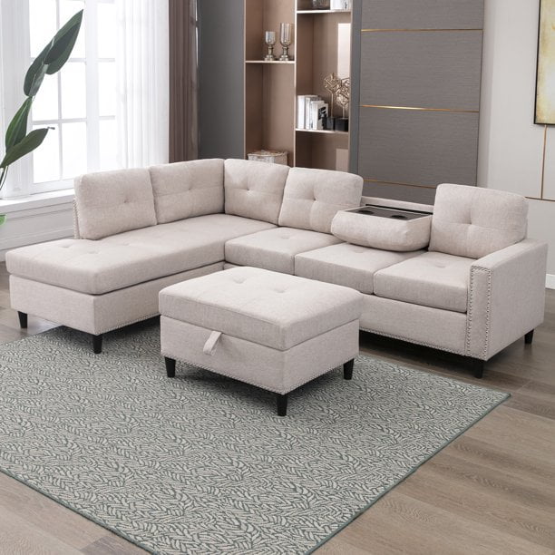 Mjkone L Shaped Sectional Sofa with Left Hand Facing Chaise,Free Combination Ottoman, Modular Sectional Sofa with Rivet Trim,Upholstered Sofa Couches for Living Room,Dark Grey