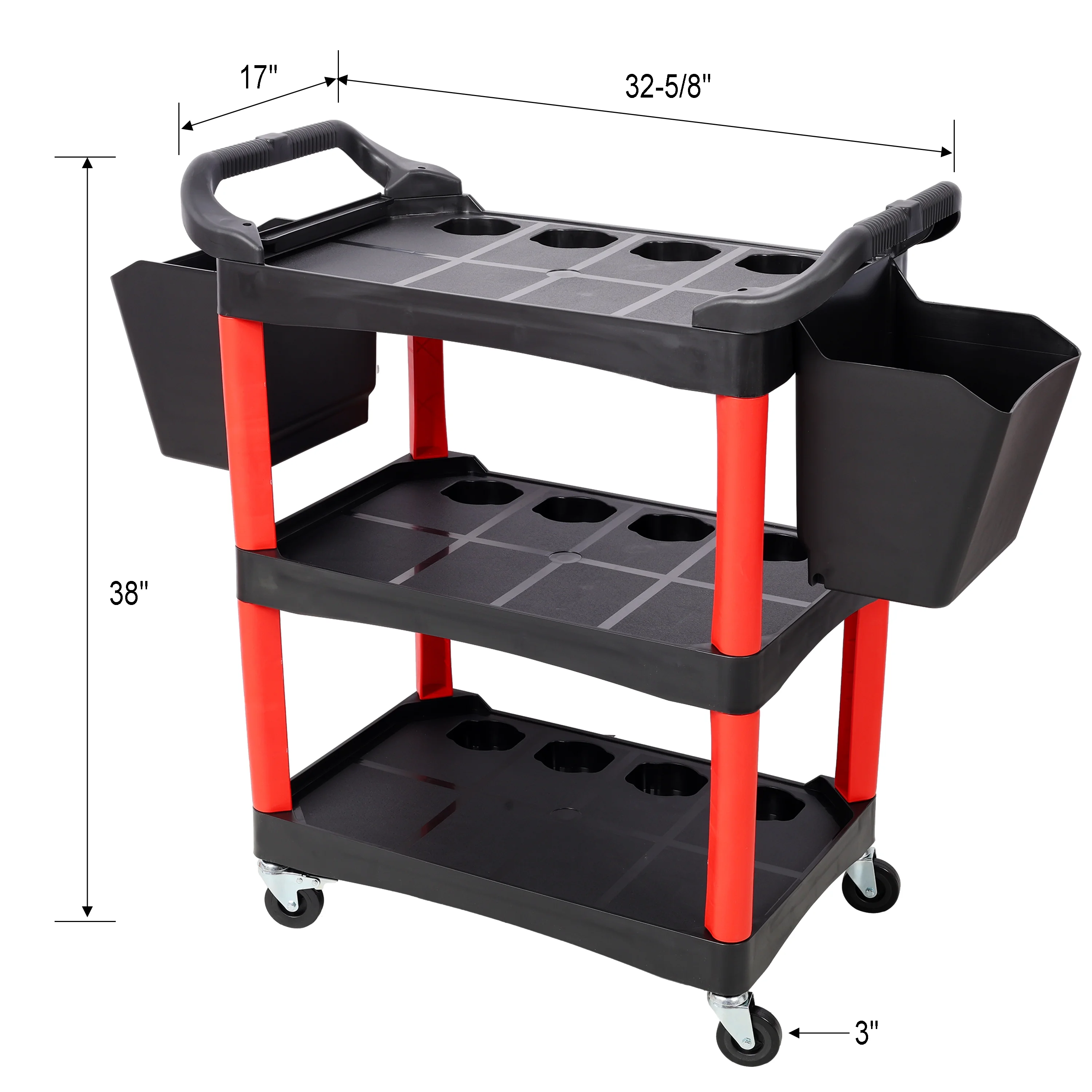 3 Tier Rolling Auto Detail Cart With Wheels,Car Wash Organizer for Detailers Garage, Workshop, Repair Shop, Storage Tool,Red&Black