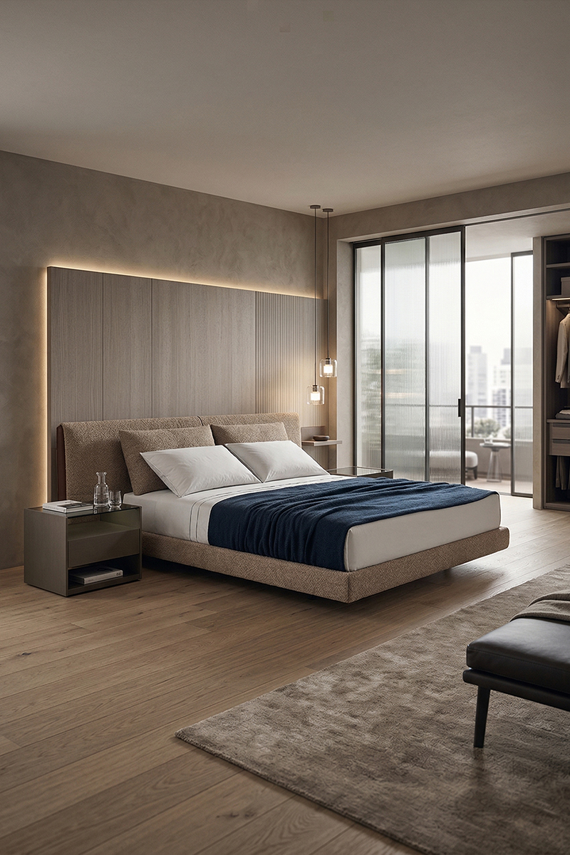 Modern Minimalist Bed, Upholstered Platform Bed with Tall Headboard, Luxury Italian Style Bed Frame for Master Bedroom, King/Queen Size