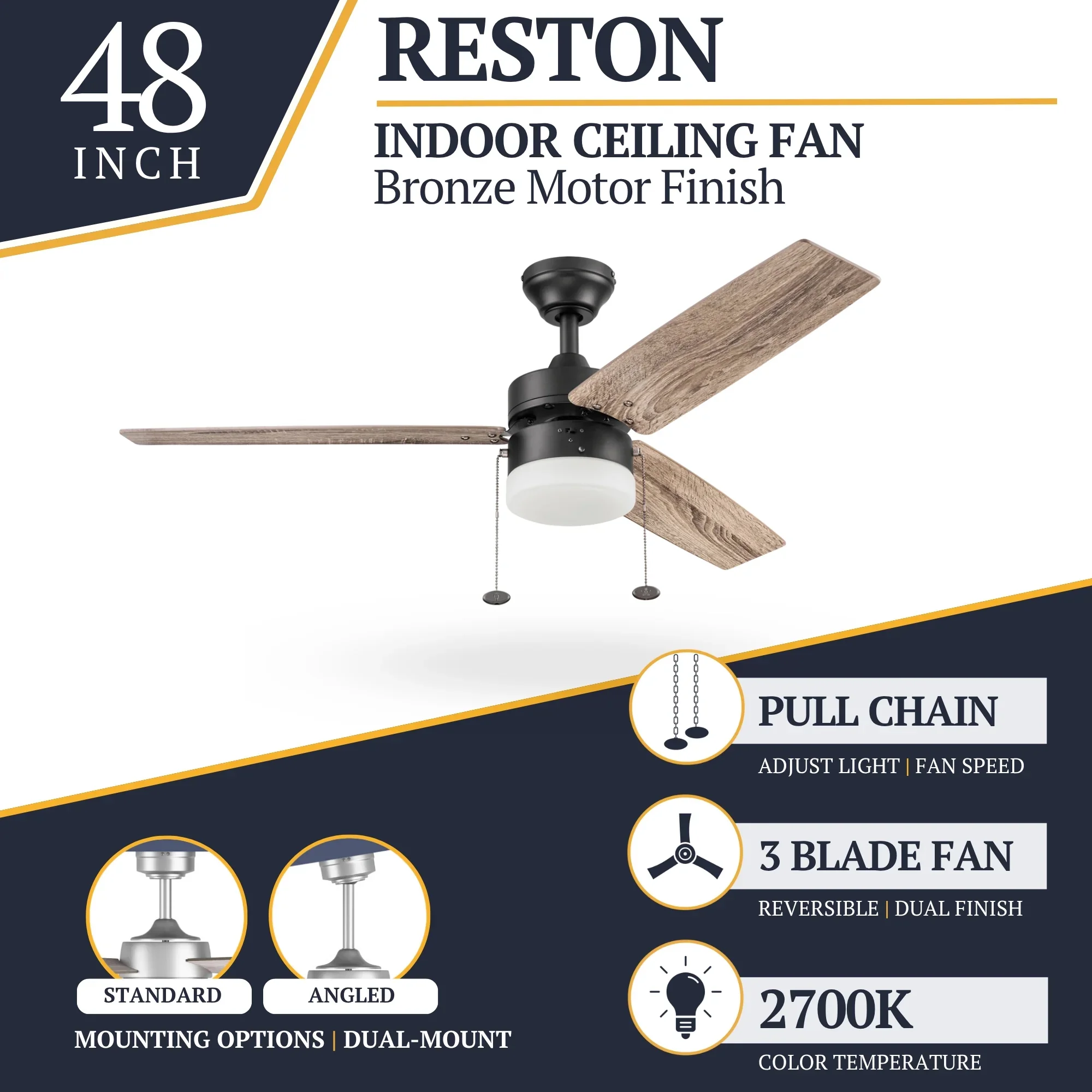 Prominence Home 48 Inch Reston LED Ceiling Fan with Light, Pull Chain and 3 Blades, Bronze