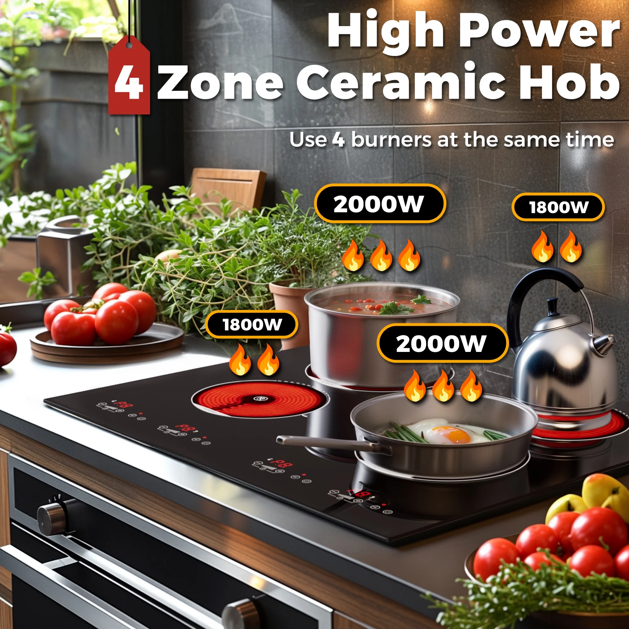 Advwin  4 Burner Electric Stove Top24 Inch Built-in Electric Stove Top,6000W Electric Ceramic Cooktop with 4H Timer, Kid Safety Lock and Knob Control, 9 Heating Level,220v(No Plug)