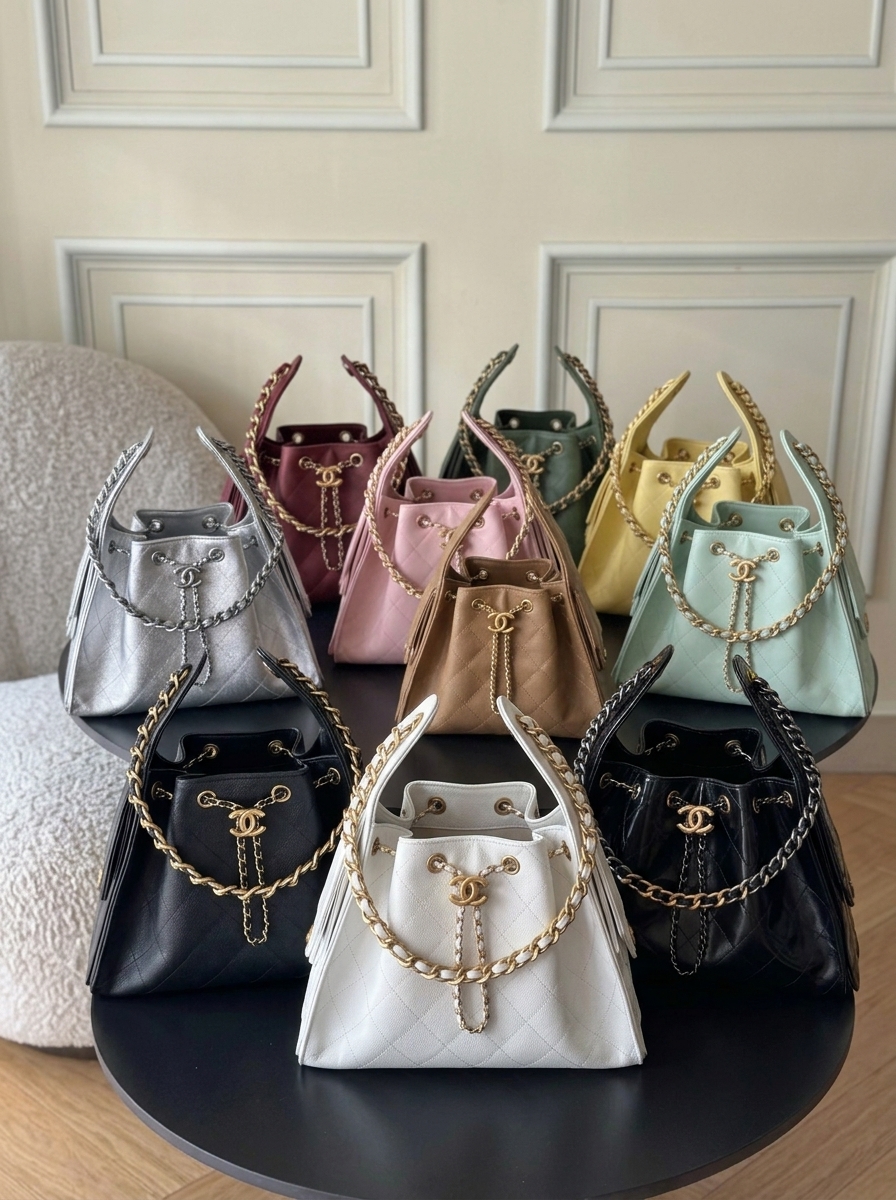 Chanel 25bag Small 30 Quilted Caviar & Shiny Leather Drawstring Lazy Bucket Hobo Tote Bag