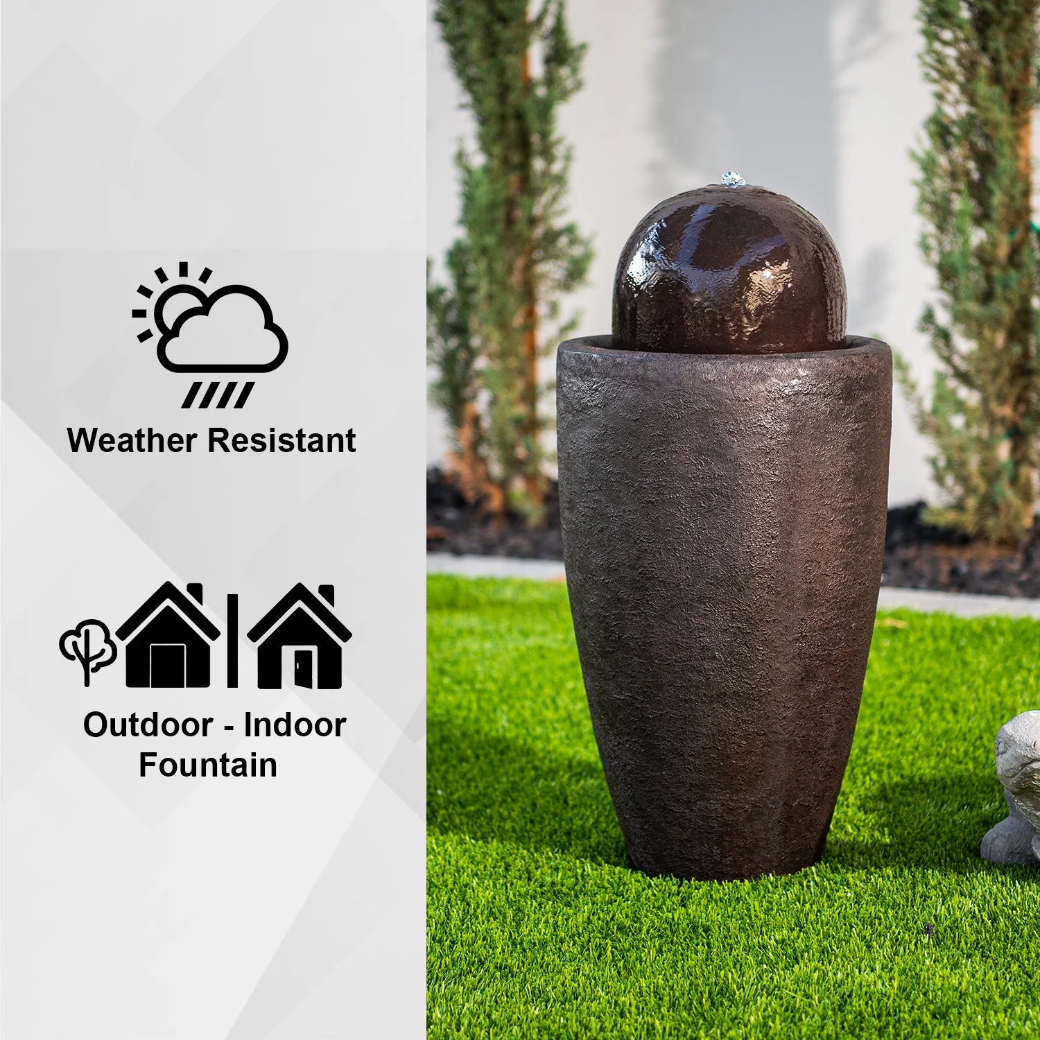XBrand 25.98"H Round Stone Indoor/Outdoor Modern Stone Textured Sphere Water Fountain w/LED Lights, Ball Water Fountain Decor, Garden Sphere Fountain, Patio Fountain, Outdoor Fountain, Brown