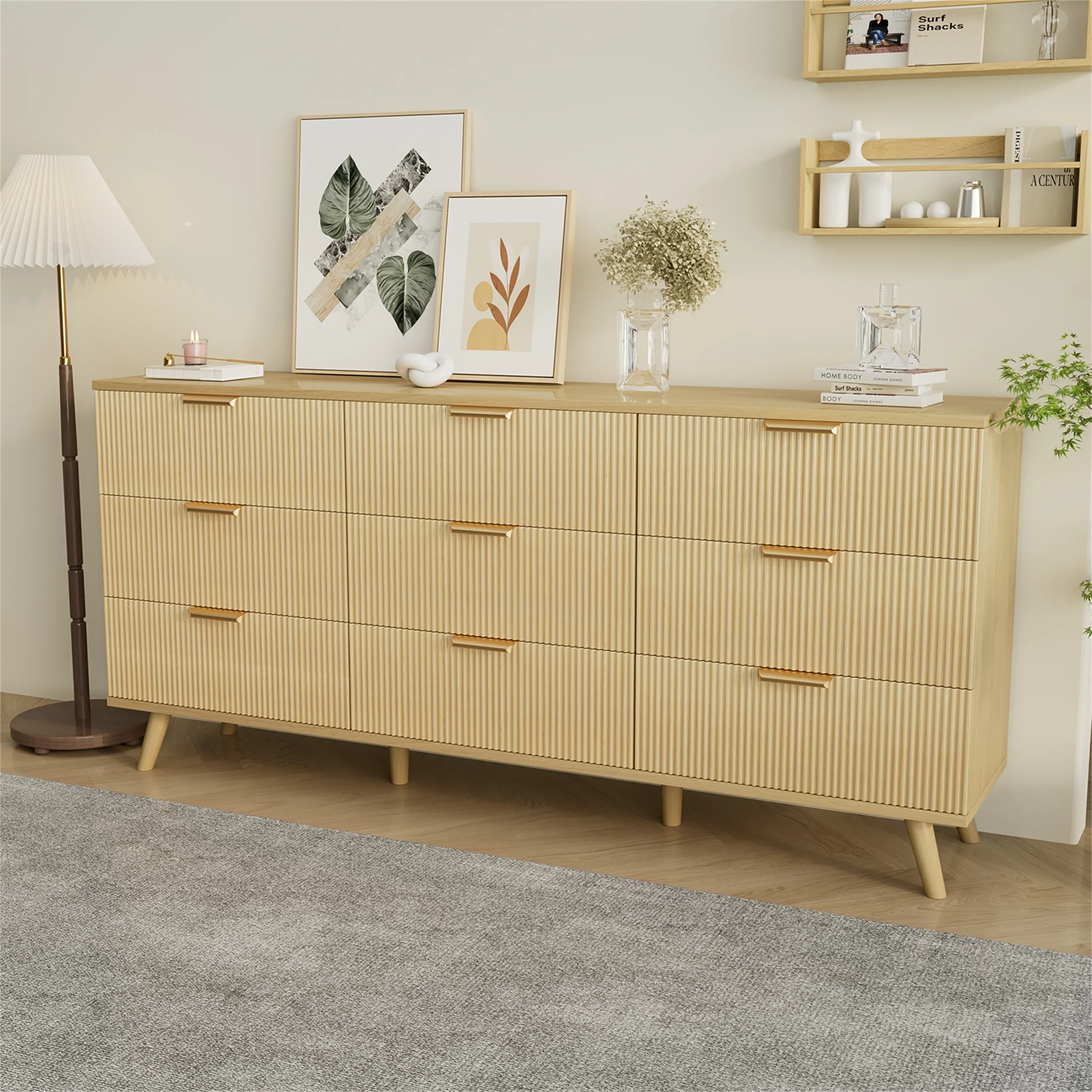 Yeahumalia Boho Fluted 9 Drawers Dresser, Wooden Chests of Drawers for Bedroom, Living Room, Entryway, Nature Wood Color