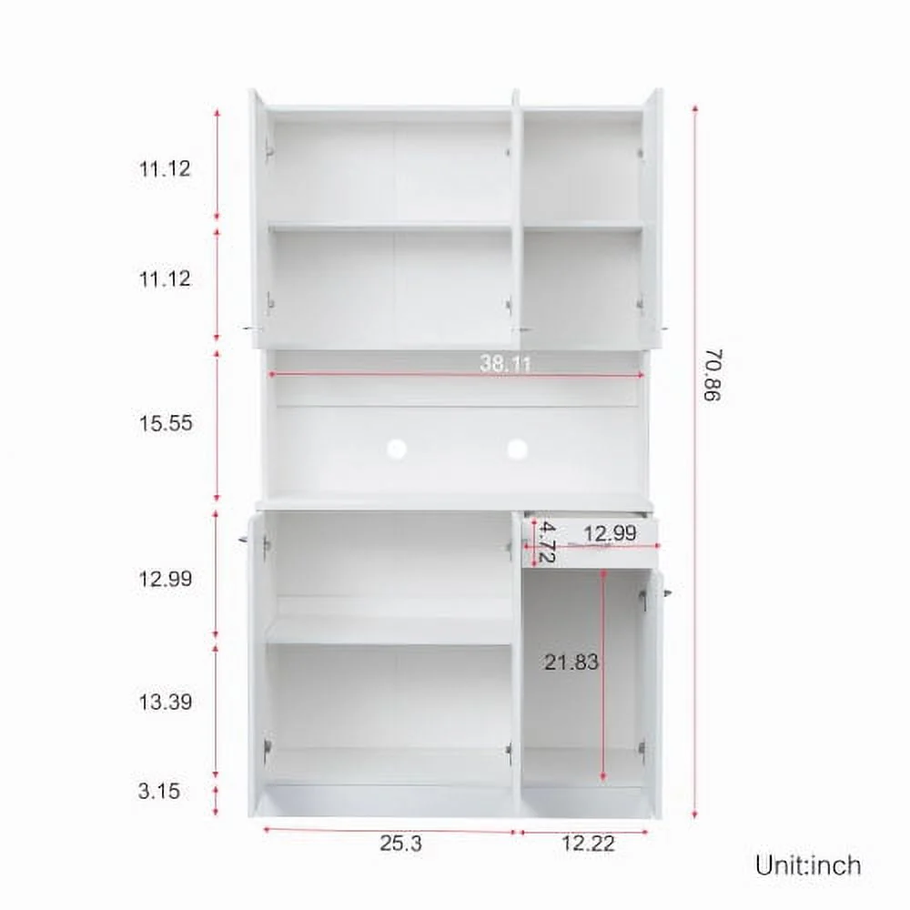 71" Tall Kitchen Storage Cabinet, Freestanding Kitchen Pantry Cabinet Cupboard with 6 Doors, 1 Open Shelf and 1 Drawer, Wood Storage Wardrobe, Organization Cabinet for Bedroom Kitchen Living Room