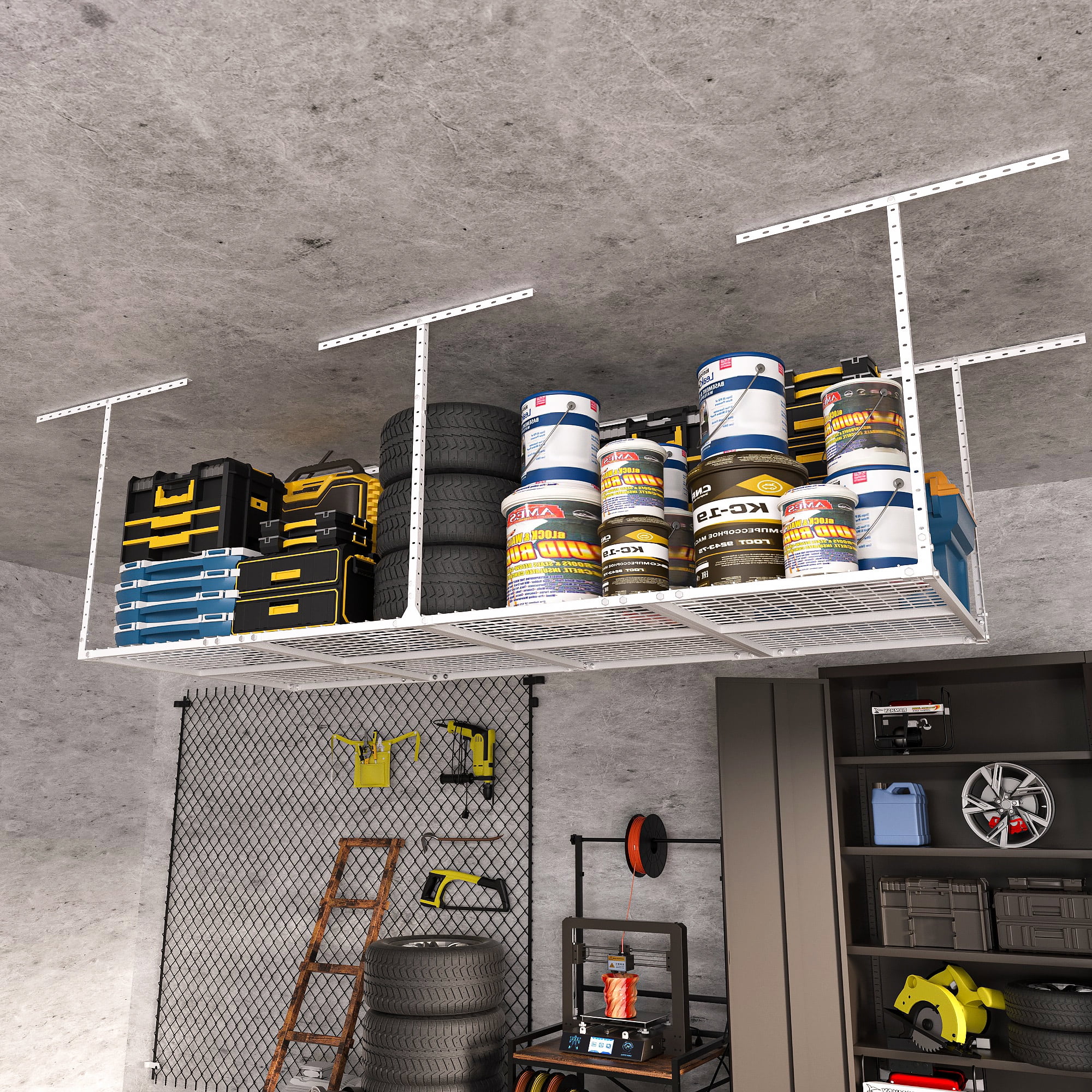 3 x 8FT Overhead Garage Storage Rack, Adjustable Ceiling Storage Racks, Garage Shelving Heavy Duty Storage Organizer System,600lbs Weight Capacity (White)