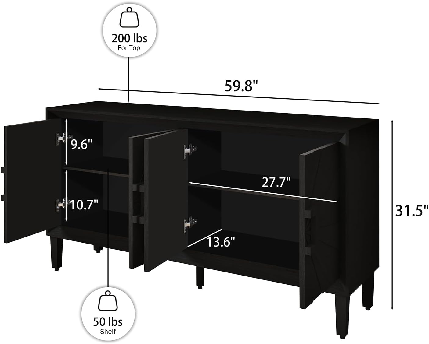 Large Buffet Sideboard Cabinet with Storage,60 Modern Cedenzas Buffet Table American Farmhouse Charm Cabinet with 4 Symmetrical Sunburst Doors for Living Room Hallway, Antique Black