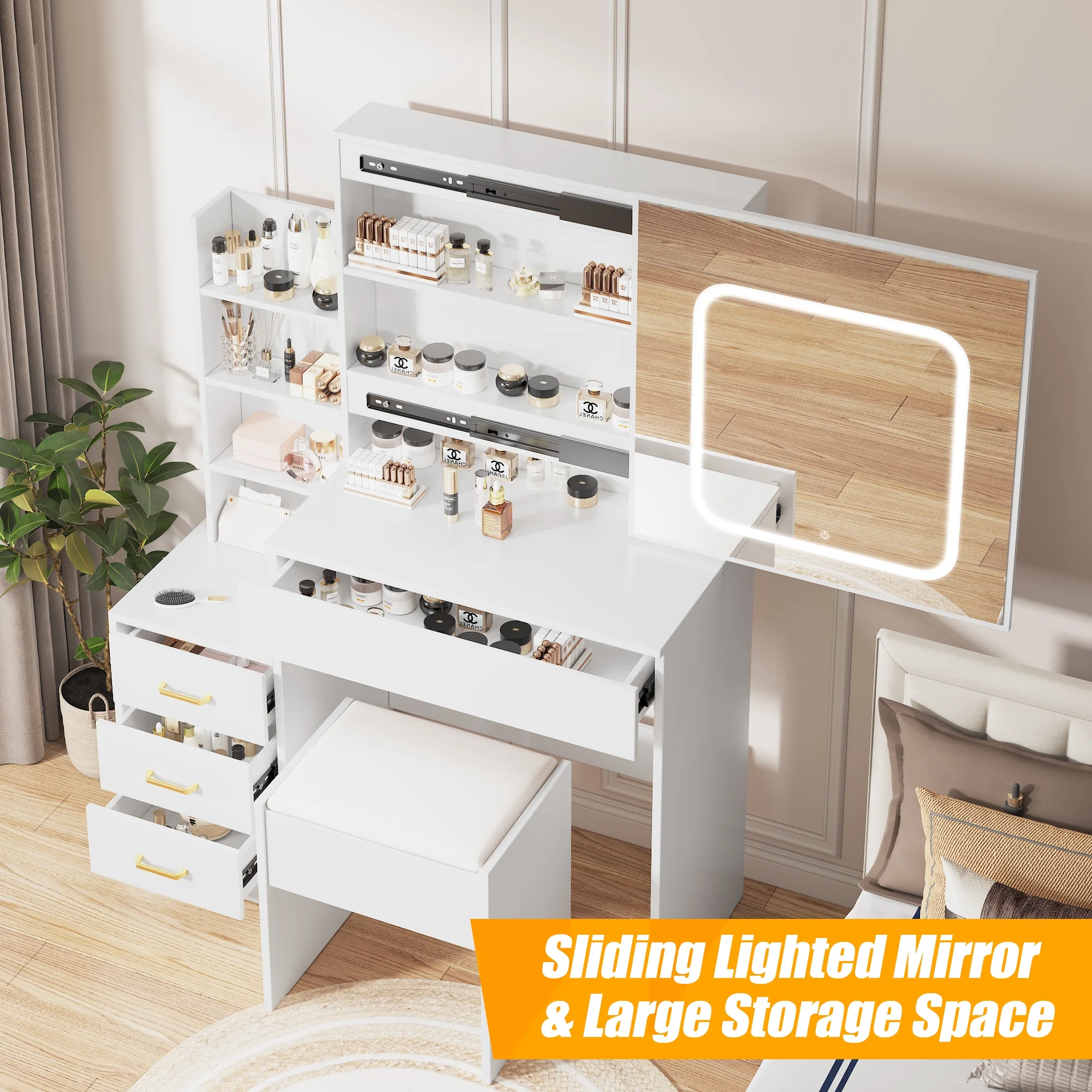 Vanity Desk with Sliding Mirror and Lights, Makeup Vanity Set with 4 Drawers, Stool, Power Outlet, Open Shelves, 3 Color Adjustable Lighting Modes, Makeup Dressing Table for Bedroom, White