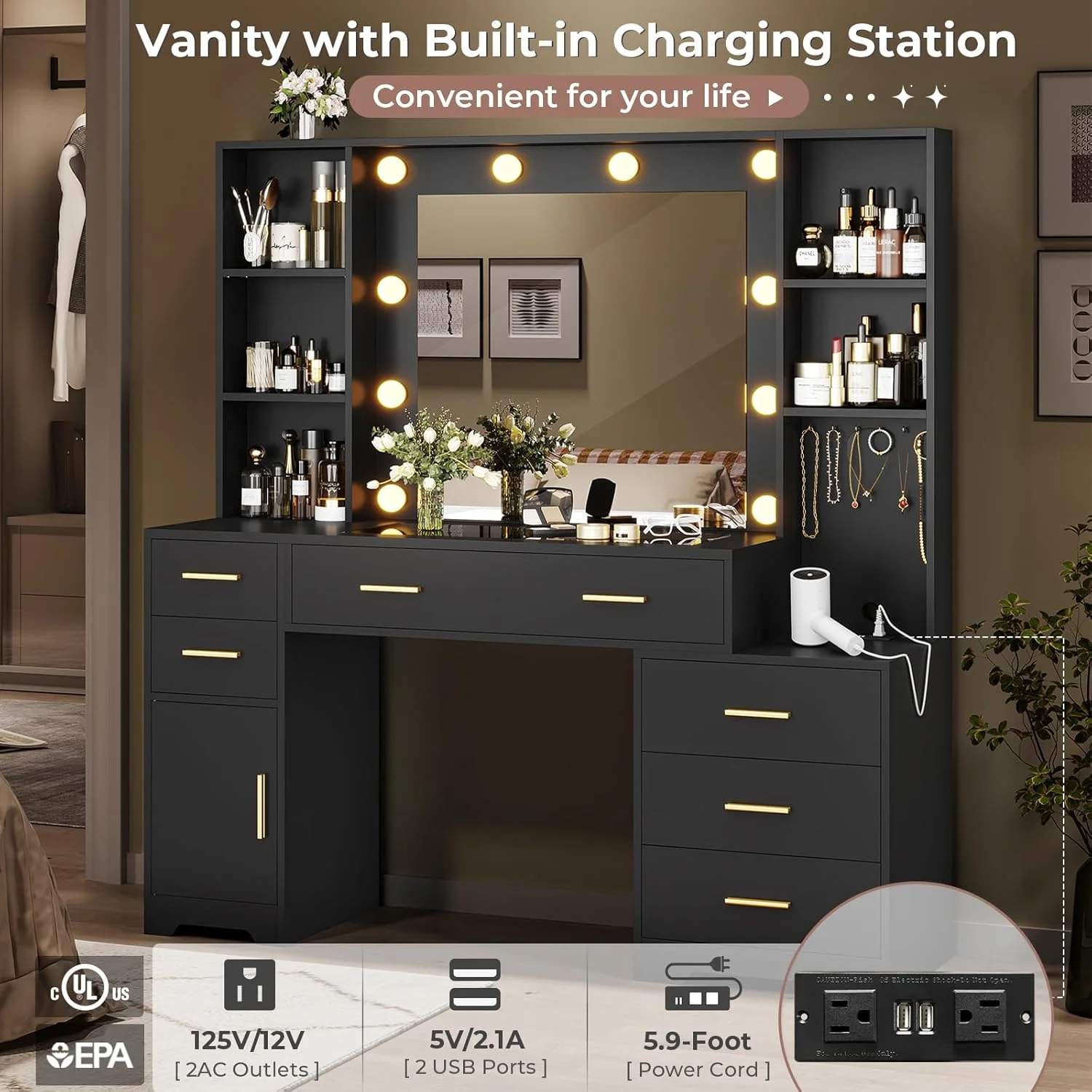 Makeup Vanity Desk with Lighted Mirror & Charging Stations & 6 Drawers Large Vanity Table Bedroom Dressing Table with Glass Tabletop&Side Cabinet&Glass Tabletop, Black