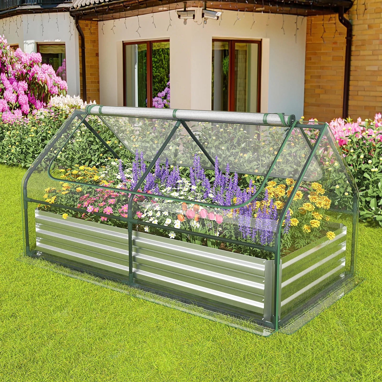 Topbuy 6FT x 3FT x 3FT Galvanized Raised Garden Bed with Greenhouse Bottomless Flower Bed with Clear Cover Outdoor Planter Box Kit