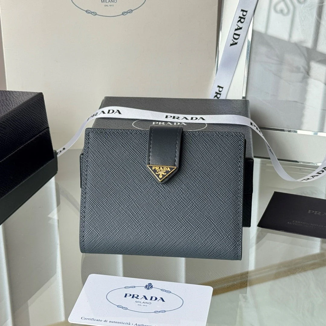 Prada 1MV204 Small Wallet Grey Saffiano & Smooth Leather