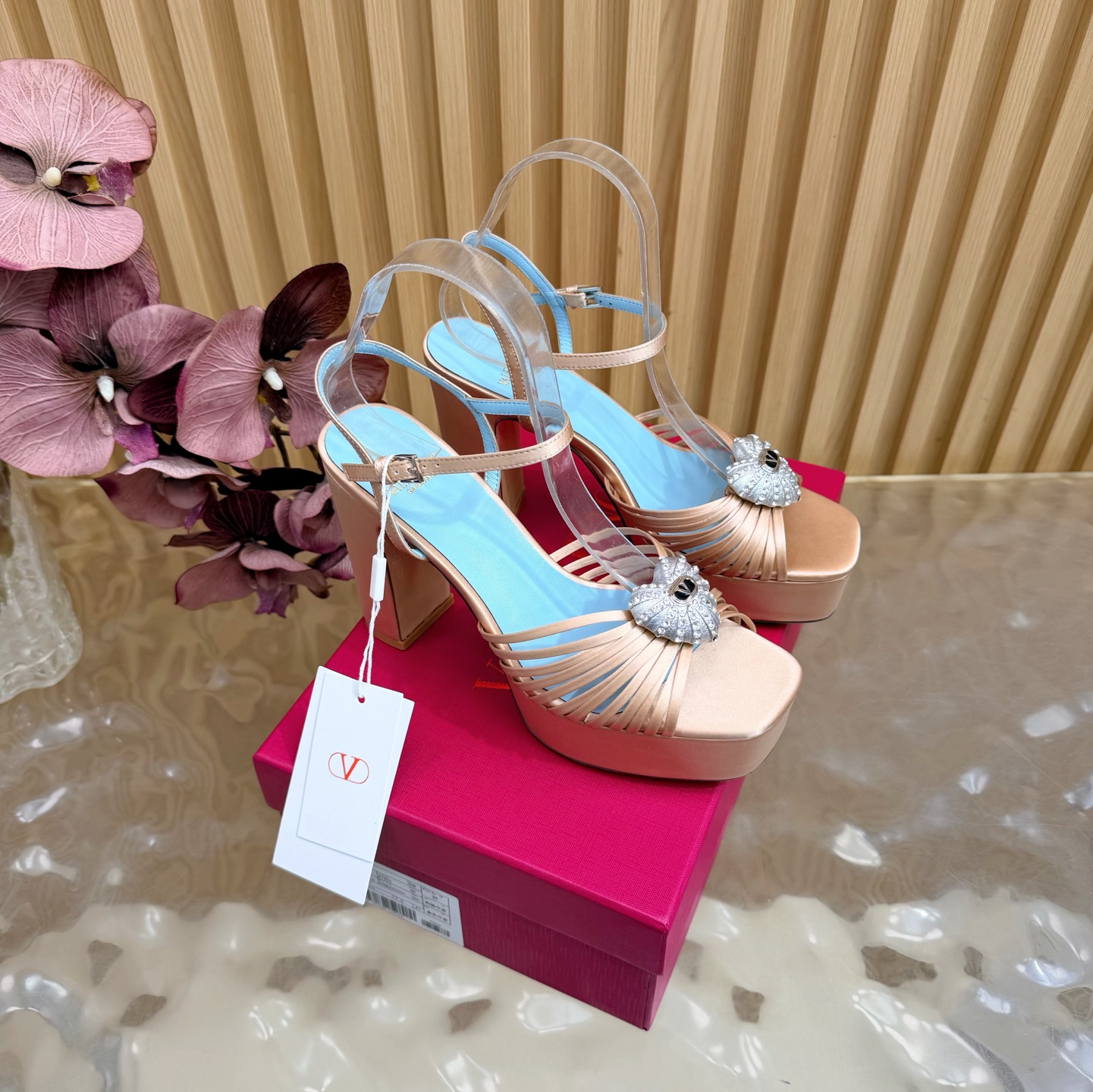 Valentino Garavani Champagne VLogo Crystal Brooch Satin Multi Straps Platform Square Toe Chunky Heel Sandals