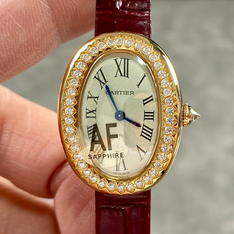 Cartier Watch Baignoire Gold Case Red Leather Strap