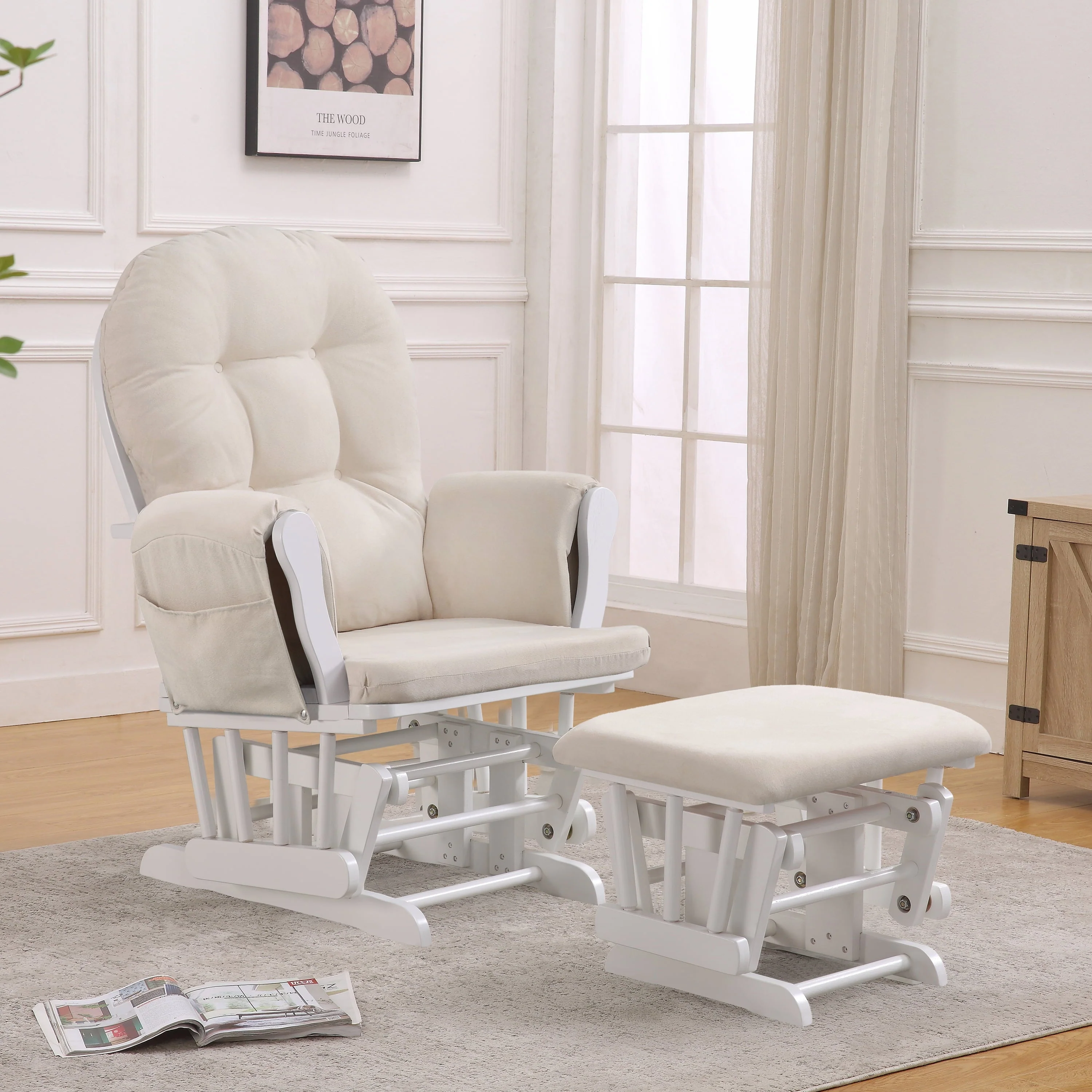 Willow Glider with Ottoman, White Finish with Gray Chevron Cushions