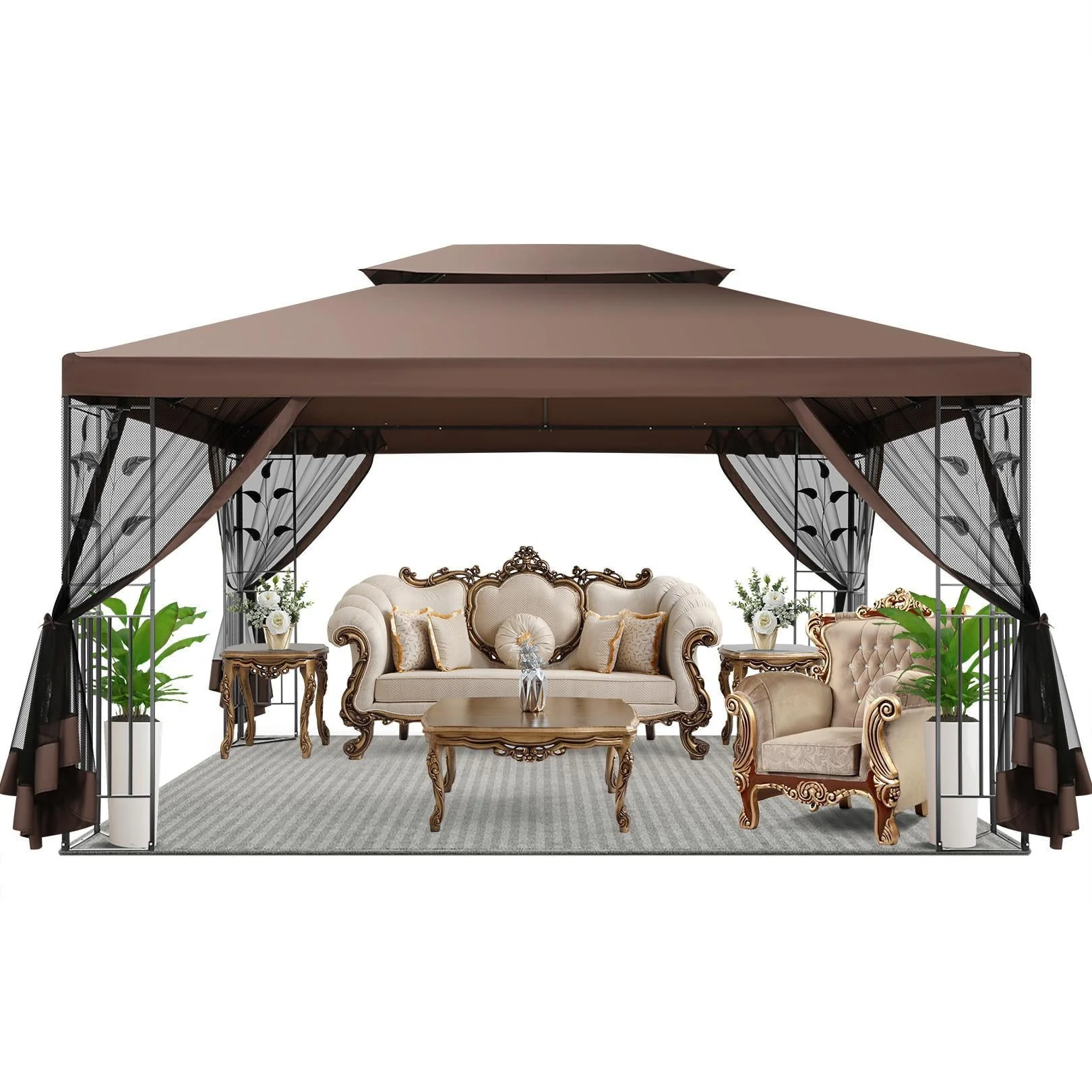 SANOPY Outdoor Gazebo Canopy with 4 Detachable Mosquito Nets, UV and Rainproof Gazebo Patio Easy to Assemble with Double Eaves, Top Drainage Hole Design, Suit for Terrace, Lawn, Garden