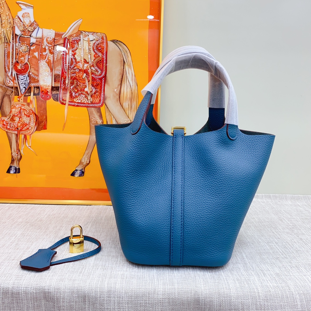 Hermes Clemence Picotin Lock Bag Golden Hardware-Blue Bag