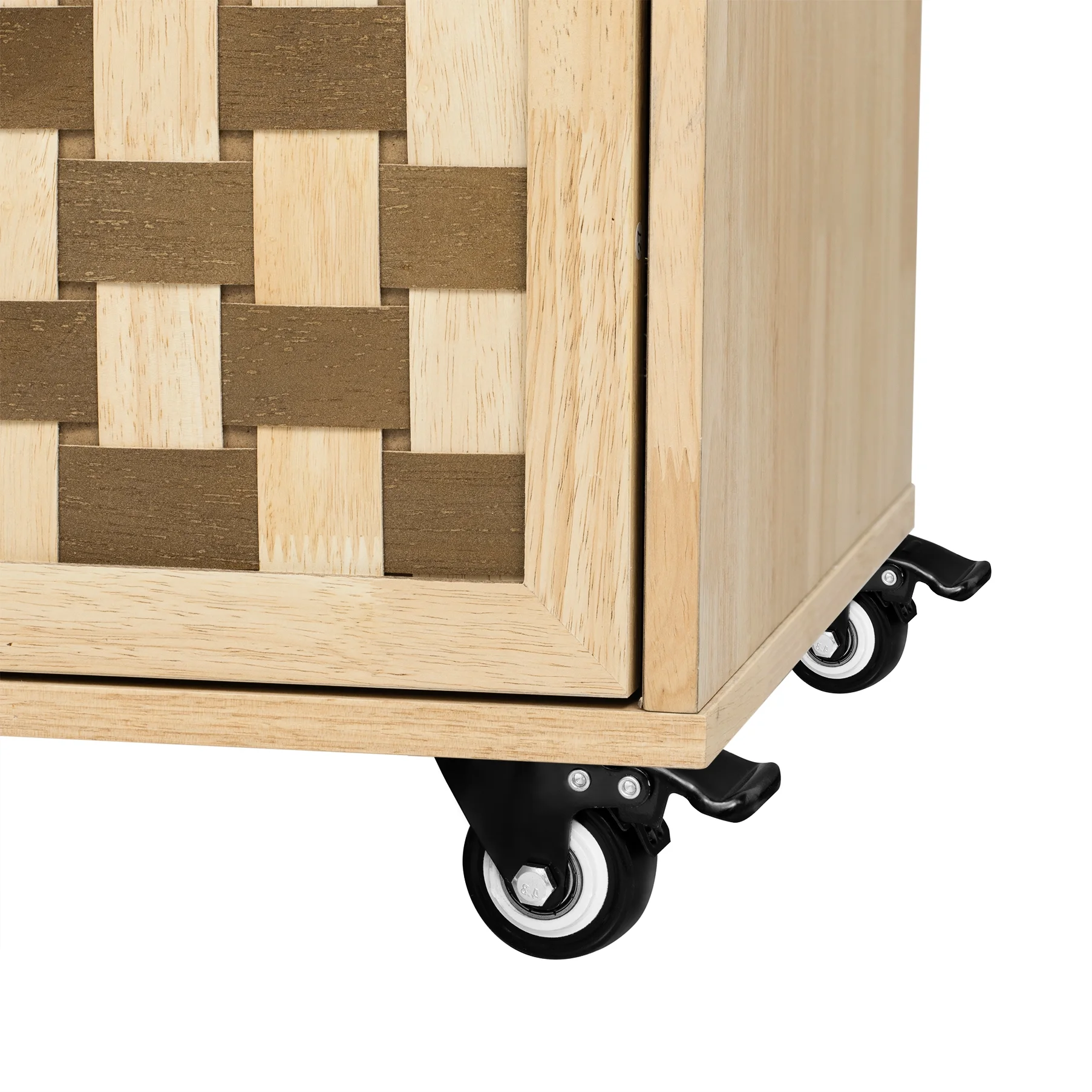 Natural Wood Kitchen Island With Woven Checkerboard Look, Adjustable Shelves, Rolling Feature, Towel Rack, Spice Power Plug 53.2
