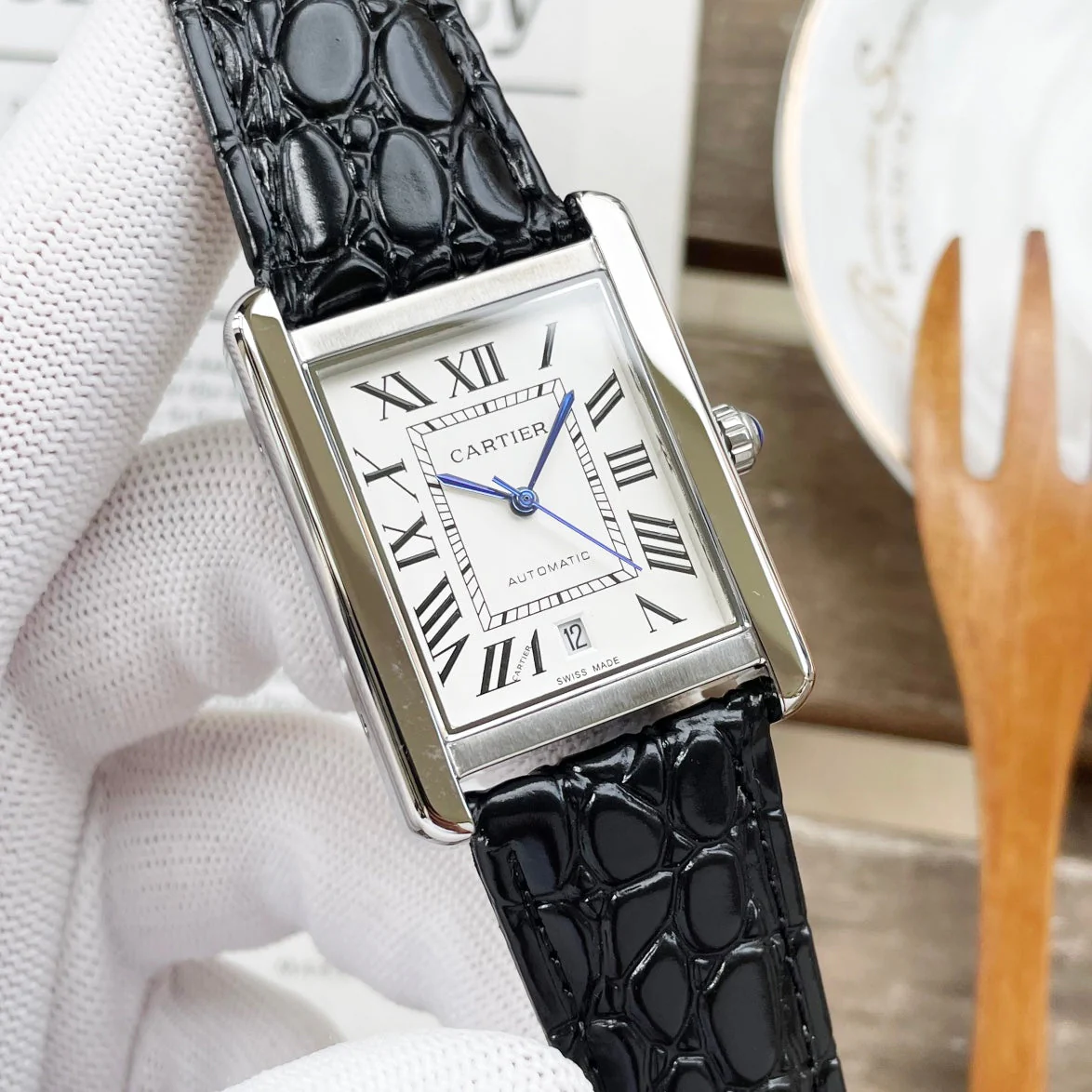 CARTIER Watch TANK MUST 31 LARGE SIZE STEEL CASE CROCODILE LEATHER