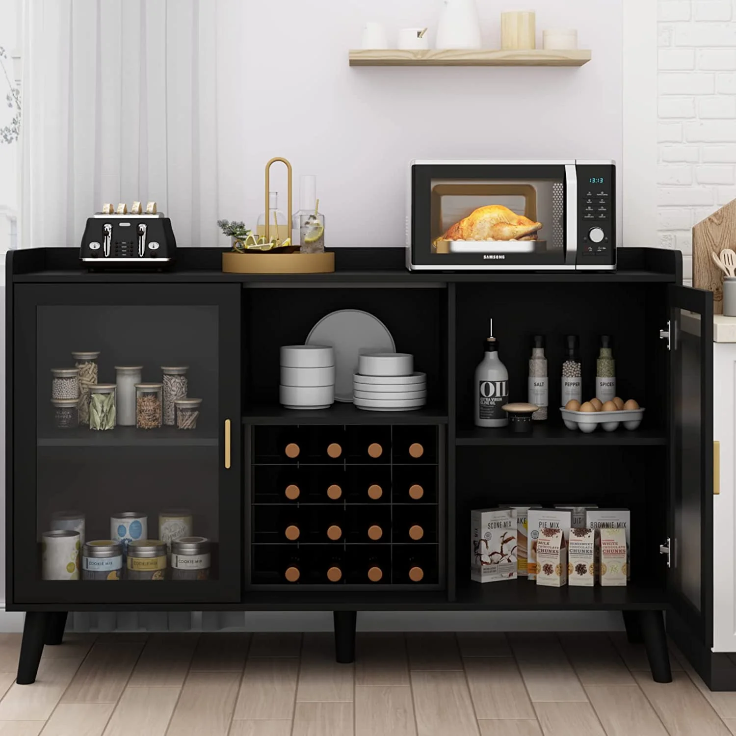 LED Wine Bar Cabinet, Home Coffee Bar Cabinet With Wine Racks and Glass Holders, Buffet Sideboard With Acrylic Doors and Drawer for Dining Room, Bar, Living Room, Black