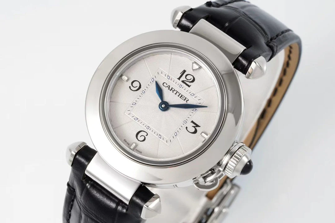 Cartier Watch pasha 30mm quartz stainless steel white dial black leather