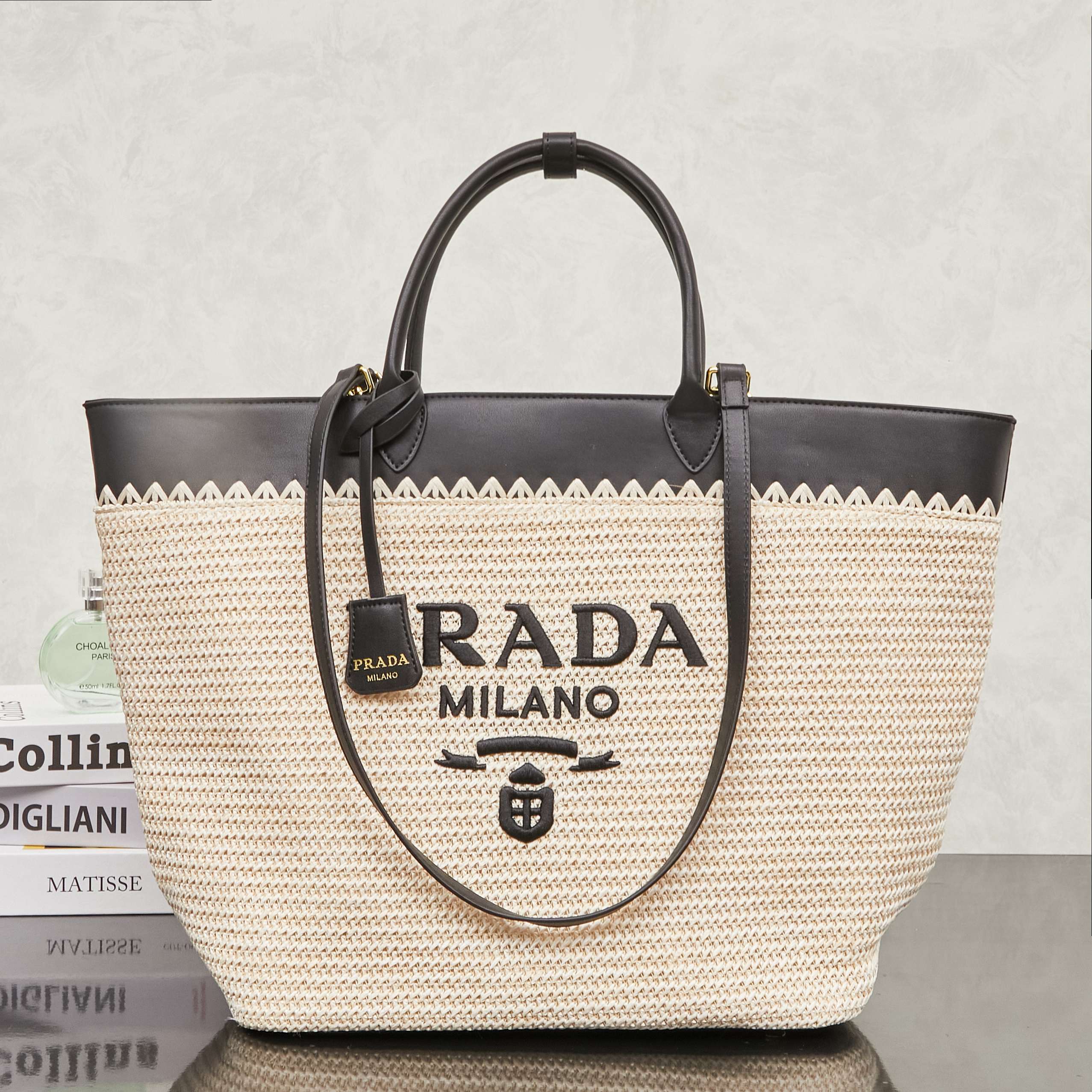 Prada Re-Edition LargeRaffia and Leather Tote Bag