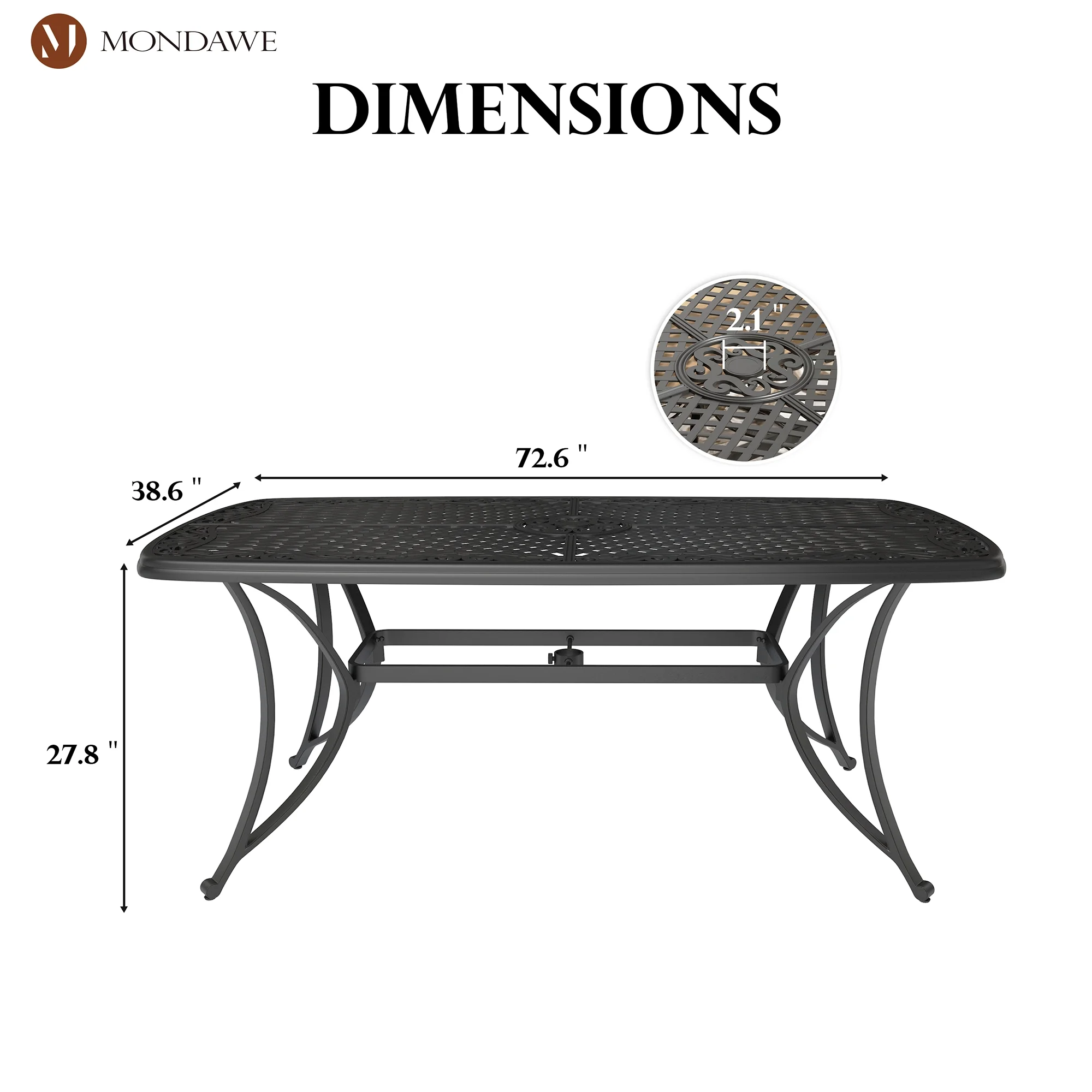Mondawe 73"*39" Patio Dining Table Rectangular Round Corner Cast Aluminum Dining Table with 2.1" Umbrella Hole