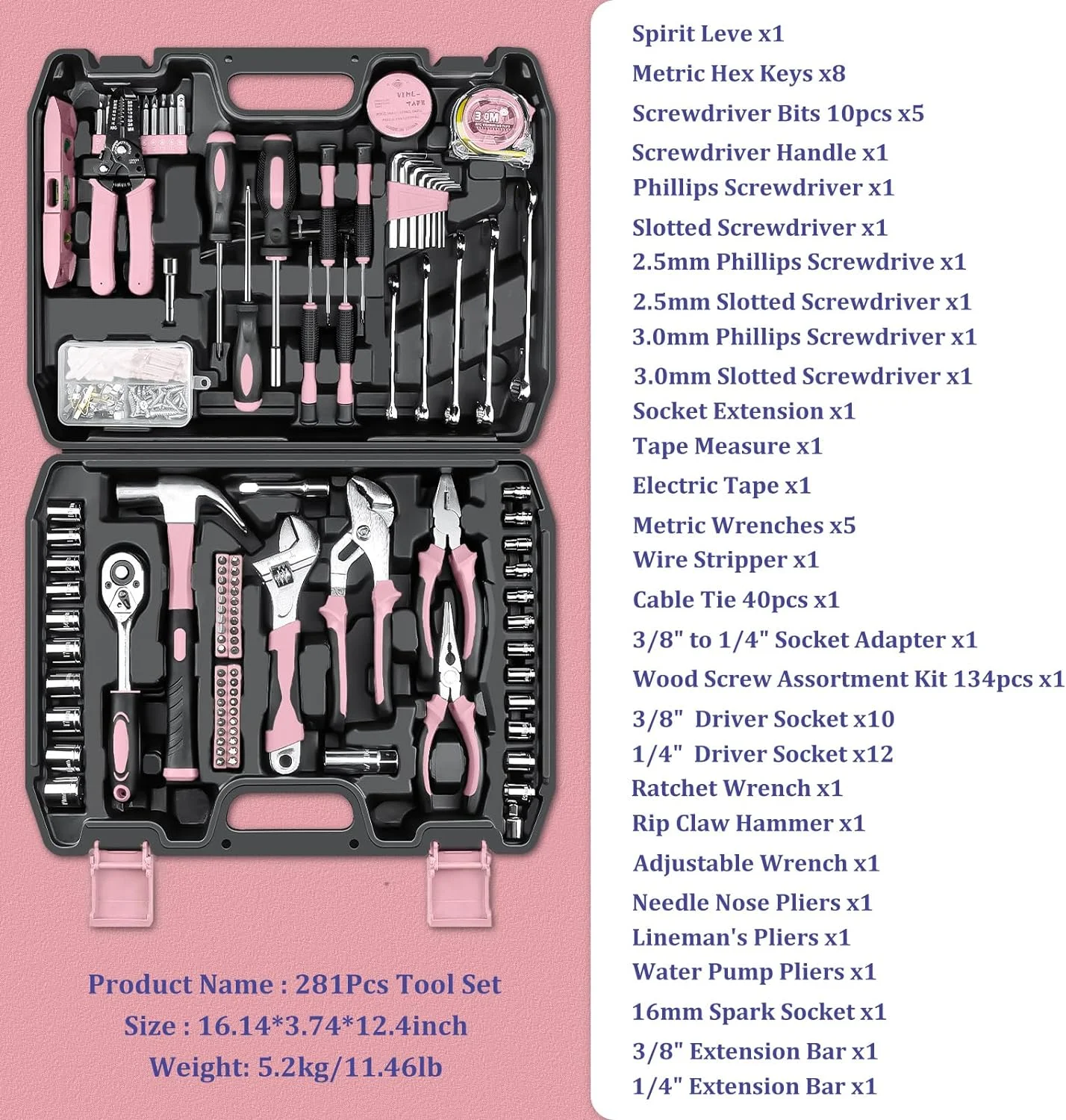 Home Tool Kit 281-PCs - General Basic Home Auto Repair Tool Kits - Complete Portable Hand Tool Sets for Women - Tool Box Set with Socket Wrench Set & Screwdriver Sets & Hex Key & Pliers