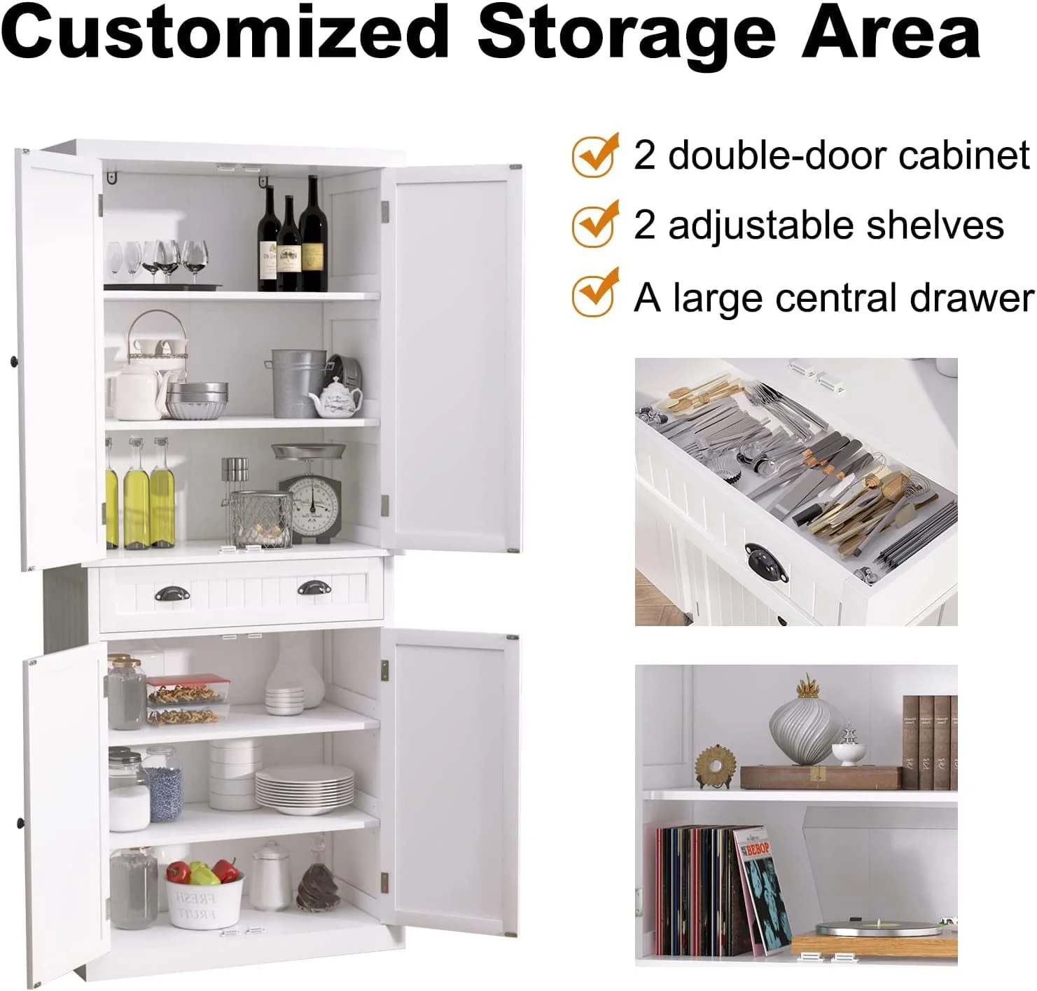 HLR 72 inches Kitchen Pantry Storage Cabinet, Pantry Cabinets with Drawer and Adjustable Shelves, Kitchen Pantry for Bathroom, Livingroom, Dining Room, White