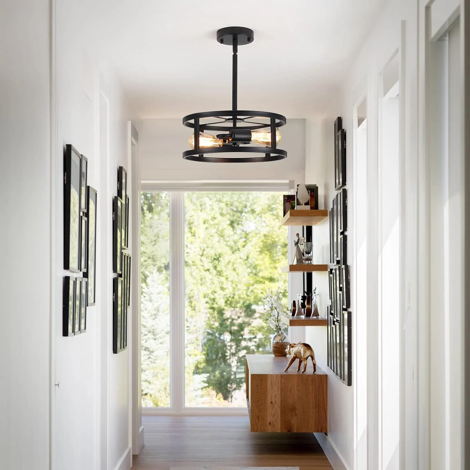 Industrial Black Semi Flush Mount Ceiling Light,Farmhouse Kitchen Light Fixtures,2 Light Metal Ceiling Light Fixture,Sloped Ceiling Light Fixture for Dining Romm Hallway Entryway