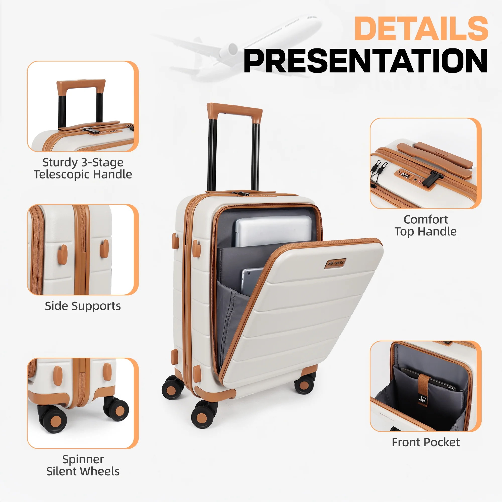 Carry On Luggage 22 x 14 x 9 Airline Approved Lightweight Hardside Spinner Luggage with TSA Lock and Laptop Compartment, Beige, CY2431