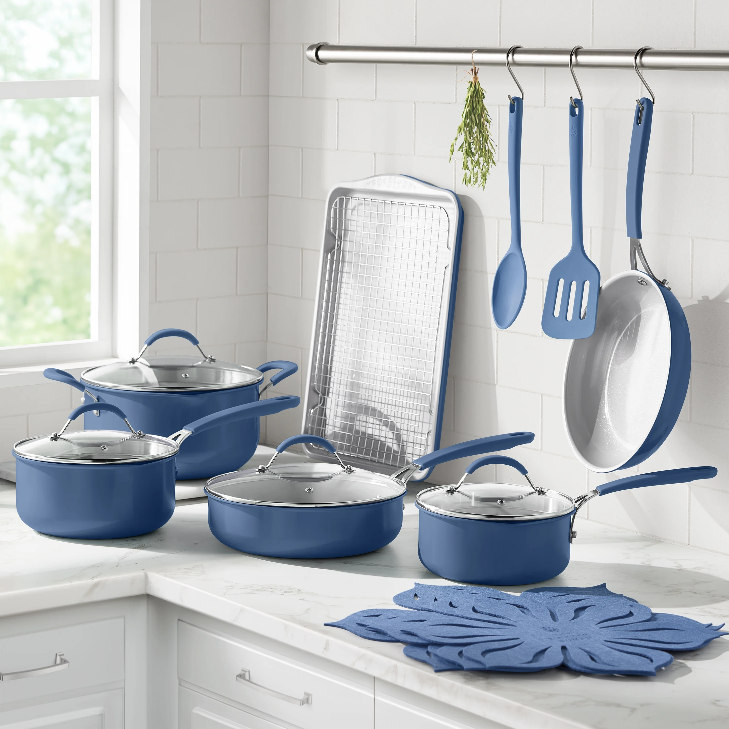 The Pioneer Woman 17-Piece Ceramic Cookware Set with Strainer Lids and Cookie Sheet with Rack, Blue