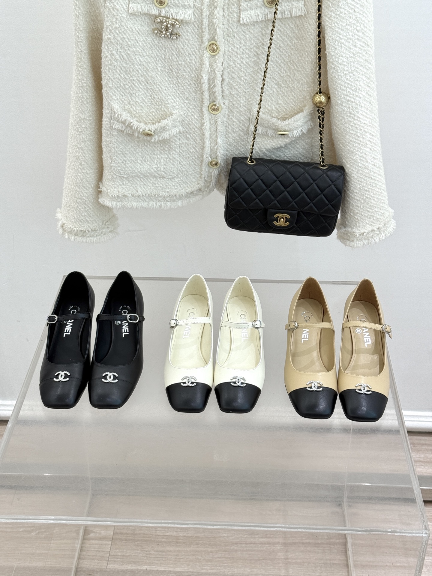 Chanel Two-Tone Cap Toe Crystal CC Logo Lambskin Block Heel Mary Janes