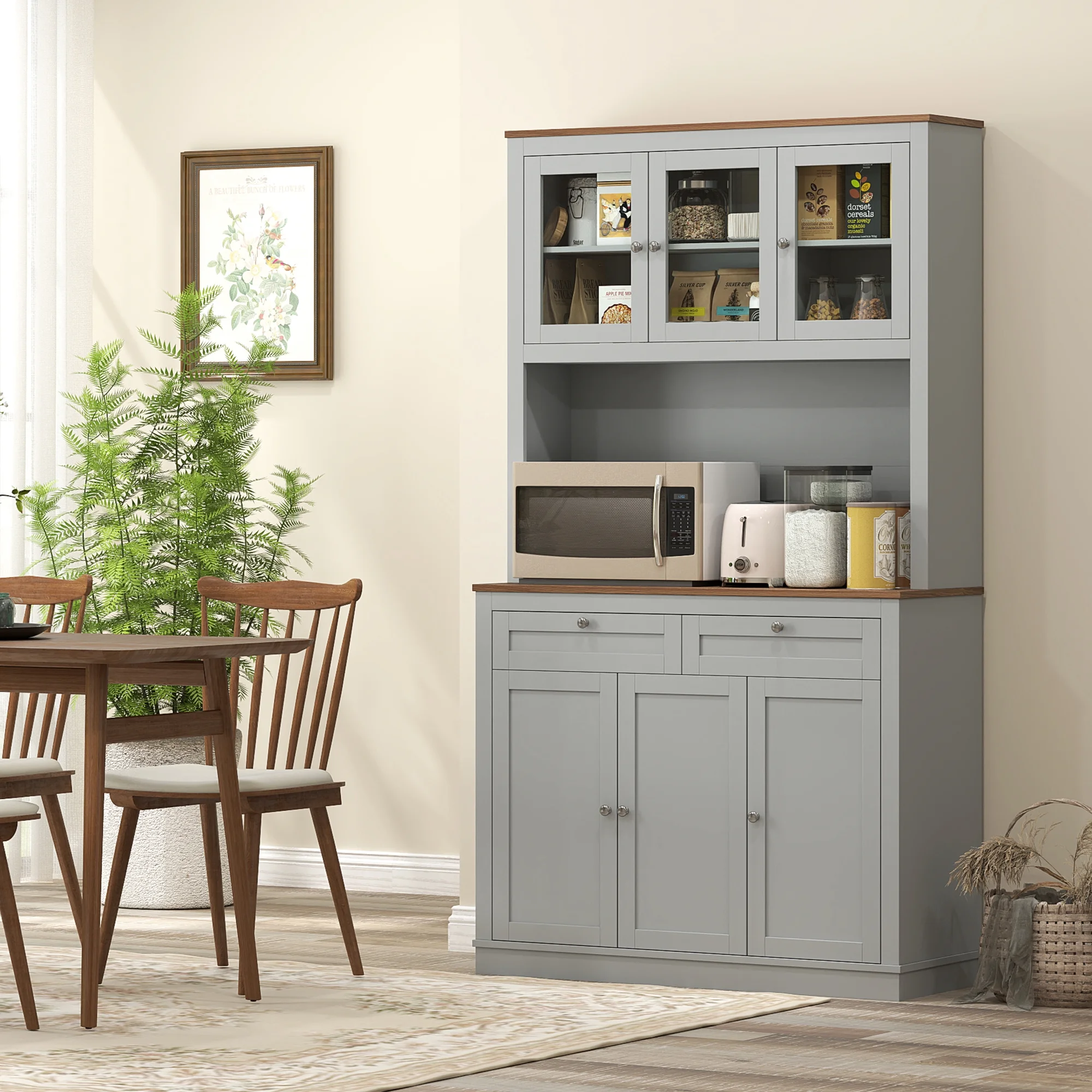 HOMCOM 71" Tall Kitchen Pantry Storage Cabinet with Microwave Stand, Gray