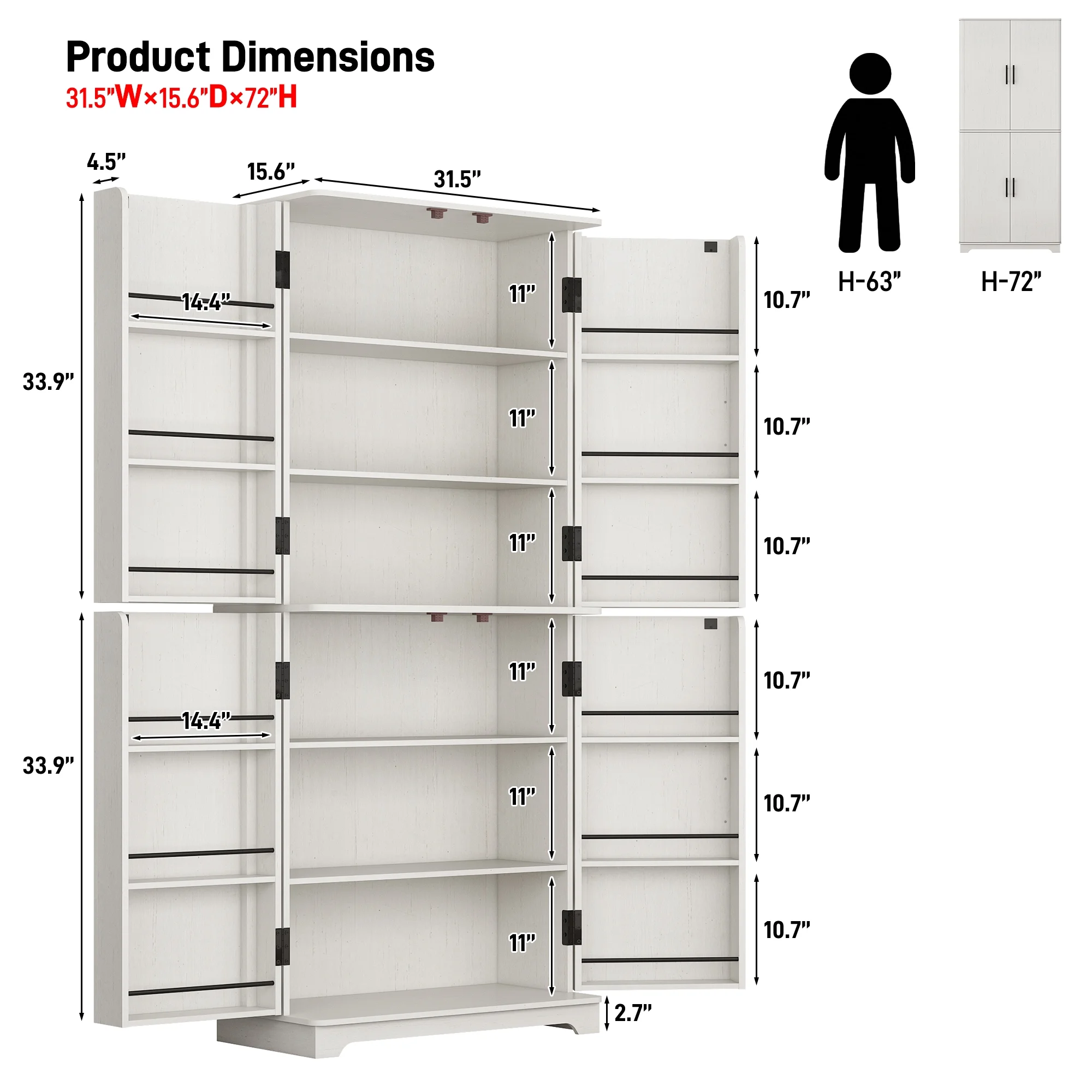 Blotout 72" Tall Modern Kitchen Pantry Cabinet with 12 Side Shelves, 6 Layers Pantry Storage Cabinet with 4 Wood Doors for Kitchen, Dining Room, Living Room, White