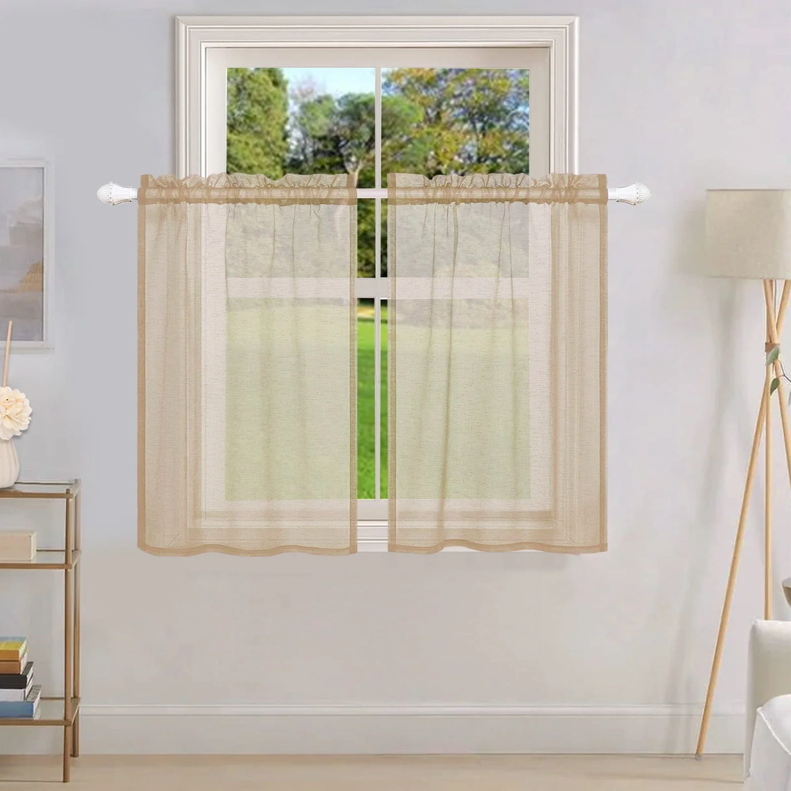 Lapalife 2 Panels Sheer Kitchen Curtains 36 inch Length Tier Curtains Rod Pocket Cafe Curtains Half Window Curtain for Bathroom Small Windows, Khaki