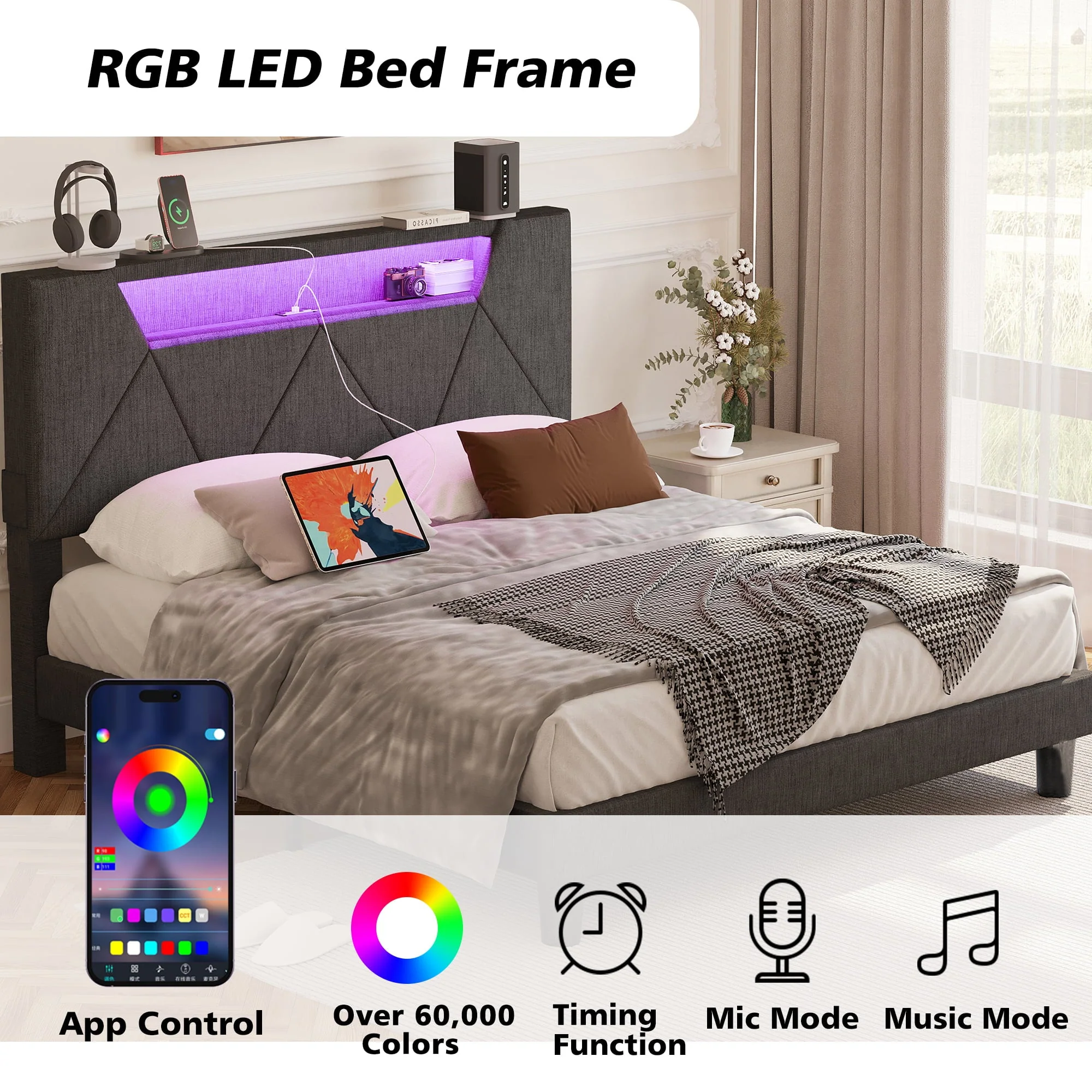ANCTOR Queen Bed Frame with Storage Headboard & Charging Station for Adults,  Grey