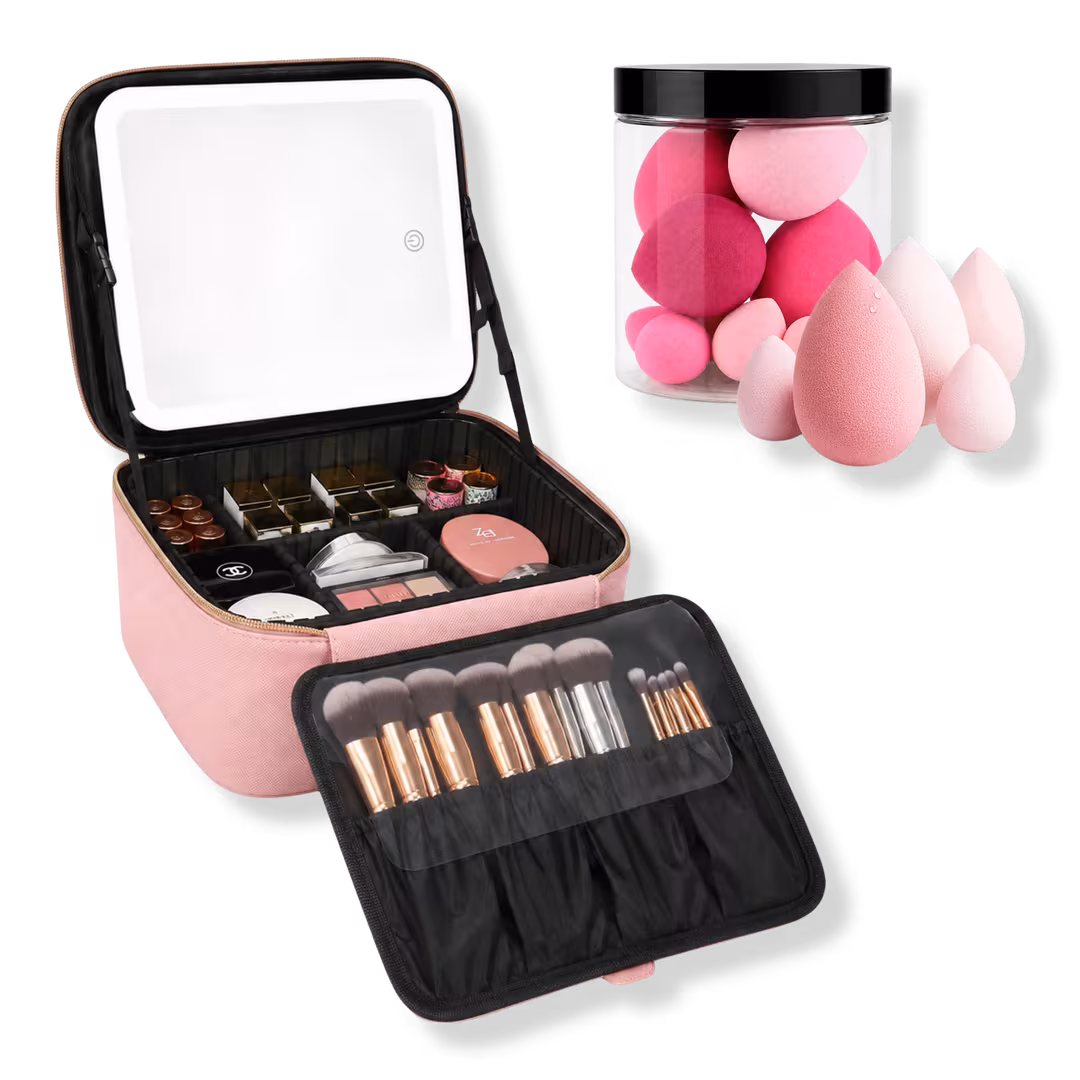CosmoGlo  Makeup Case with Mirror & Beauty Sponge Set