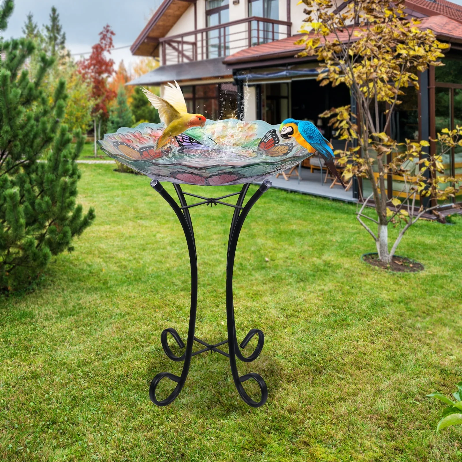 Glass Birdbath with Metal Stand Outdoor for Lawn Yard Garden Butterfly Decor, 18” Dia 21.65” Height