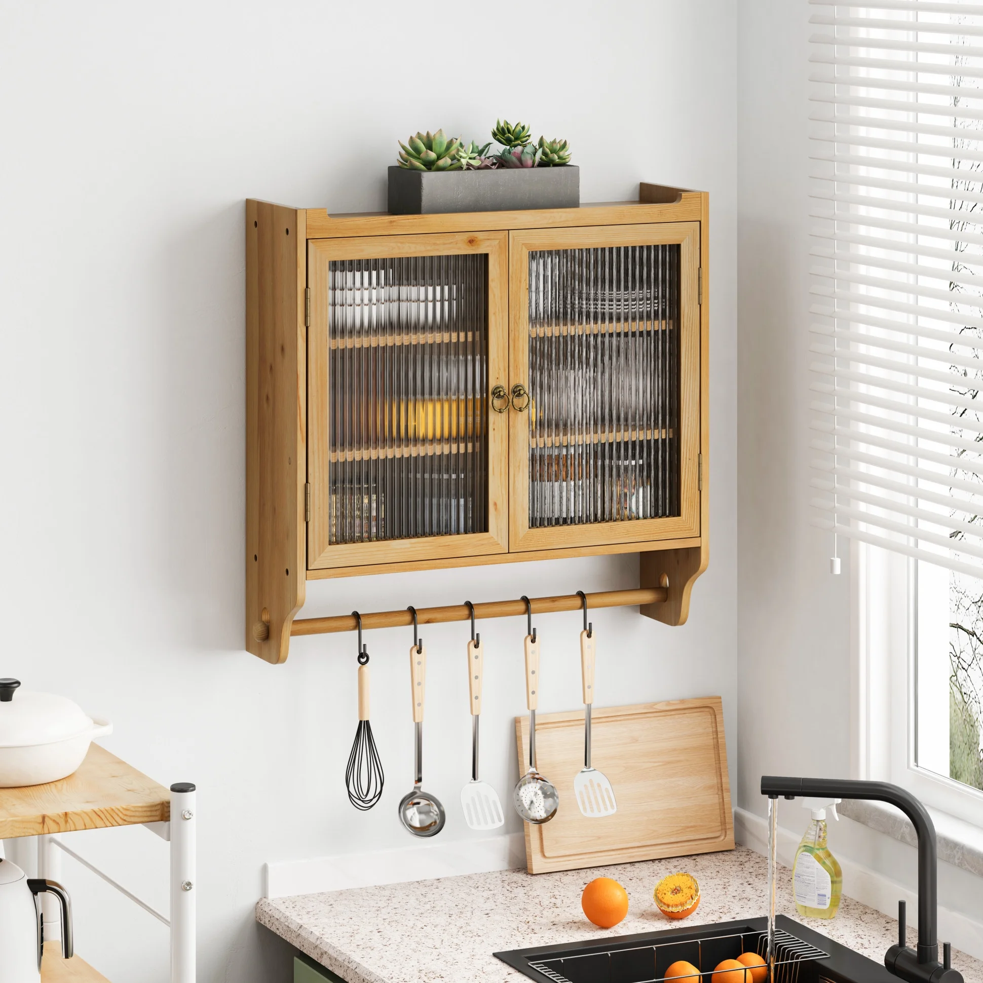 24.8'' Vintage Wall Cabinet with Glass Door, Double Fluted Door Storage Cabinet with 3 Tiers of Storage and Towel Rack, for Kitchen, Dining Room, Bathroom, Natural