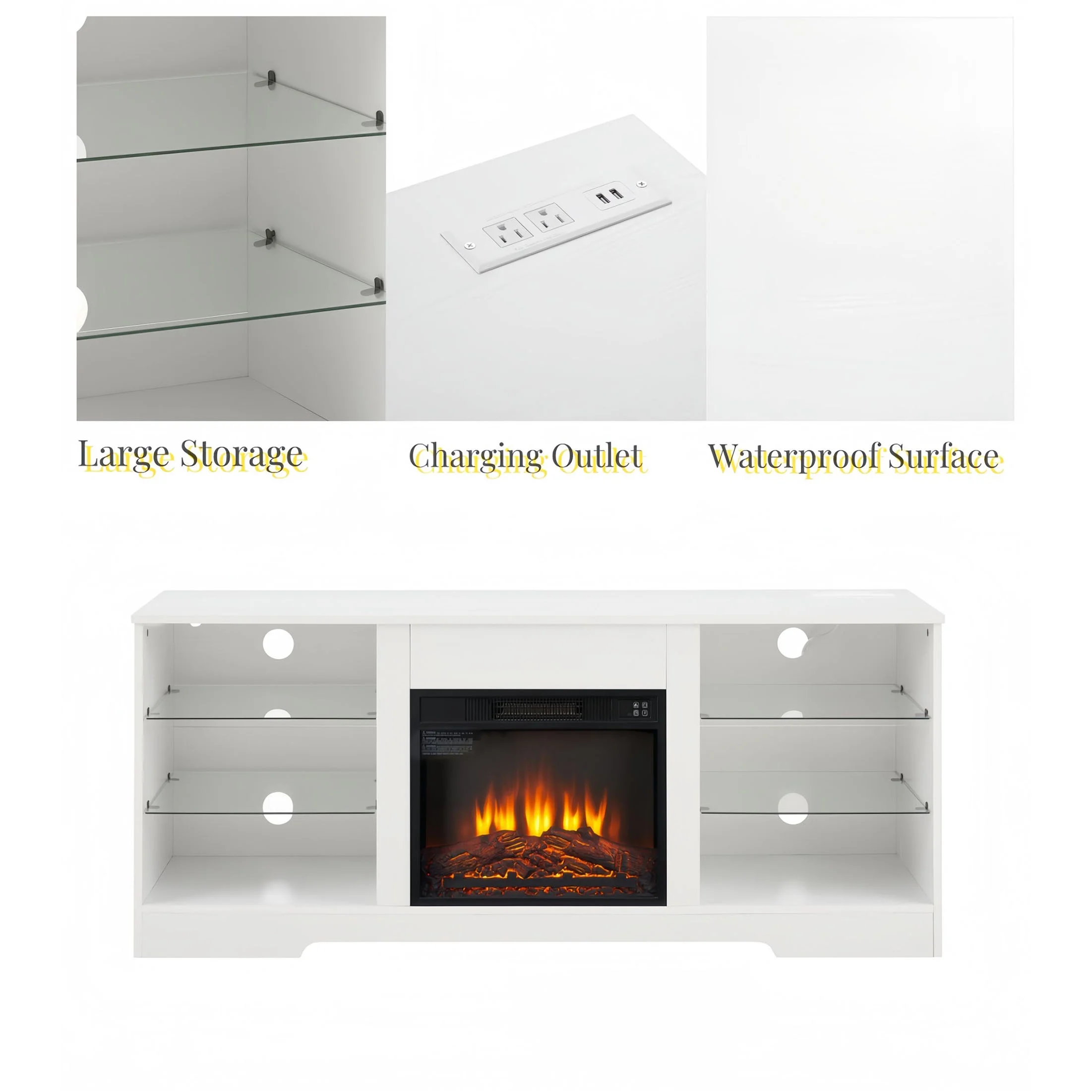 Electric Fireplace TV Stand with LED Lights and Charging Outlets, Black TV Console for TVs Up to 65", Modern Entertainment Center, TV Stand for Bedroom
